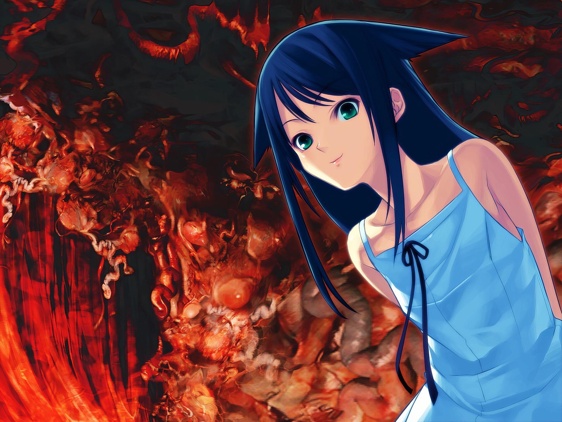 HD PC desktop wallpaper from the video game The Song of Saya: a blue‑haired girl in a pale blue dress stands before a dark, blood‑red, grotesque background.