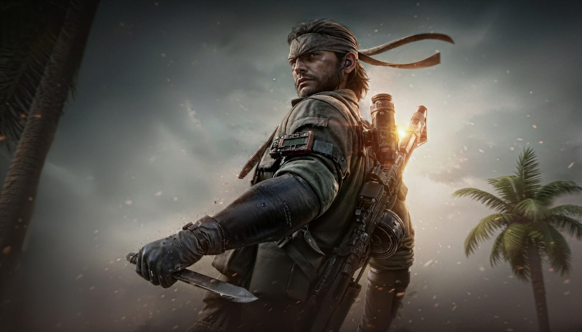 Solid Snake in battle-worn gear and bandana, knife in hand, backlit by sun with palm tree and stormy sky — 5K Ultra HD PC desktop wallpaper/background.