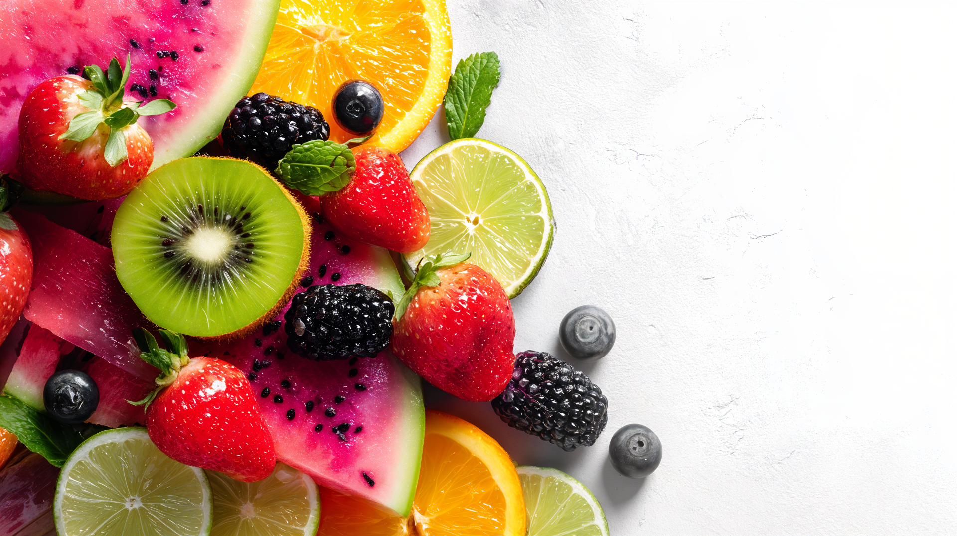 Vibrant 4K Ultra HD PC desktop wallpaper and background of mixed fruit food: sliced kiwi, lime, orange, watermelon, strawberries, blackberries and blueberries on white.