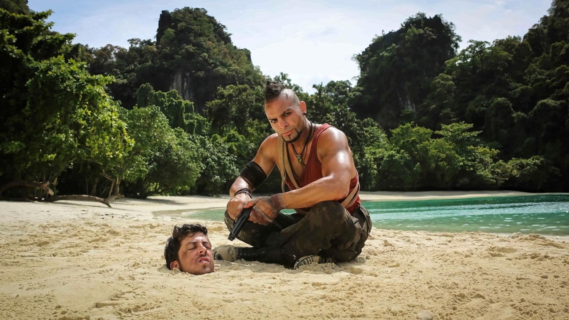 Far Cry (TV Show) scene — muscular man crouches on a tropical beach beside a buried head, lush jungle and turquoise sea; HD PC desktop wallpaper/background.