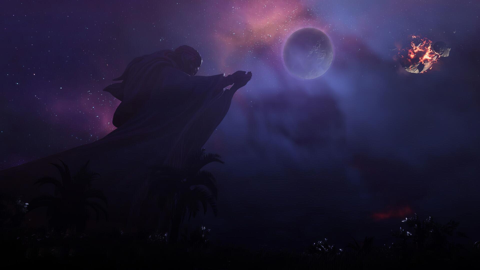 Video game Ashes of Creation 2K Quad HD PC desktop wallpaper: purple nebula sky, silhouetted cliff, distant planet and fiery debris drifting through cosmic haze.