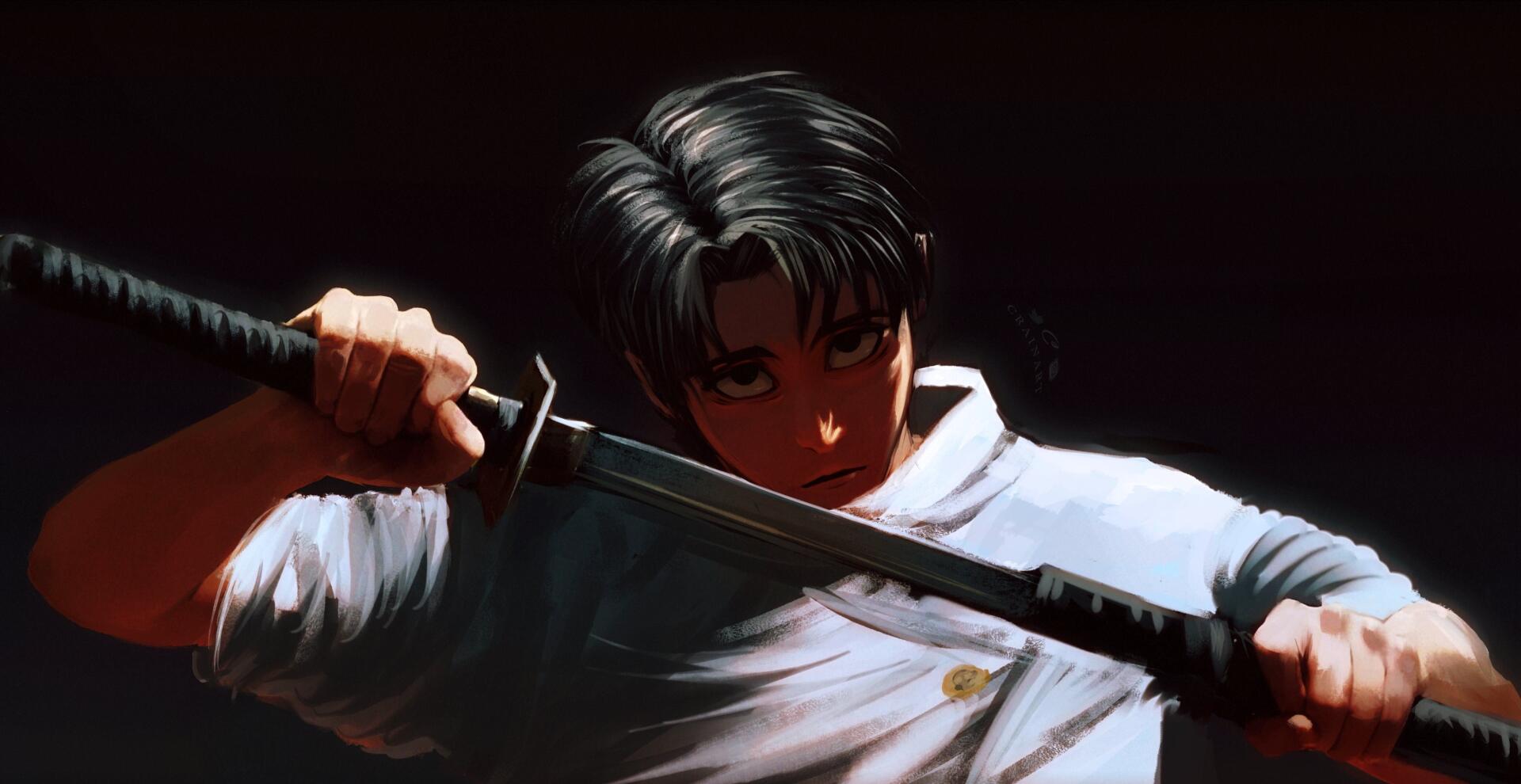 2K Quad HD PC desktop wallpaper/background: anime Jujutsu Kaisen's Yuta Okkotsu gripping a katana in a dark, intense low-lit portrait.