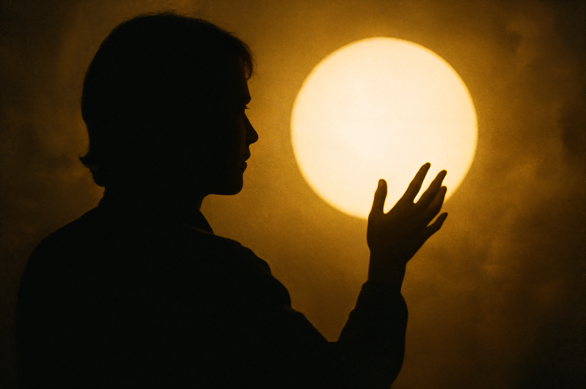 Silhouette of a person reaching toward a glowing sun-like orb against a warm, hazy sky — 4K Ultra HD PC Desktop Wallpaper and Background.