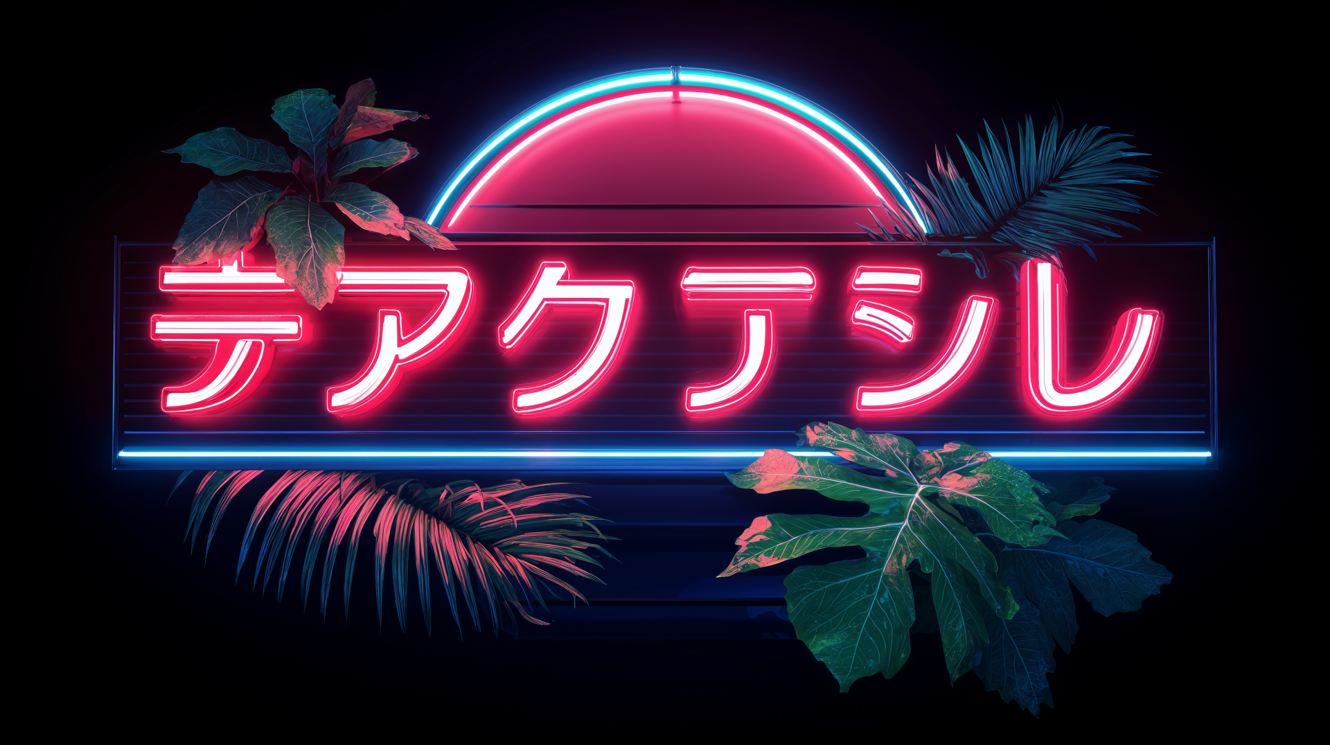 Neon pink katakana logo (テアクアシレ) over a retro neon sun and tropical leaves on black — Japanese log-style design, 4K Ultra HD PC desktop wallpaper/background.