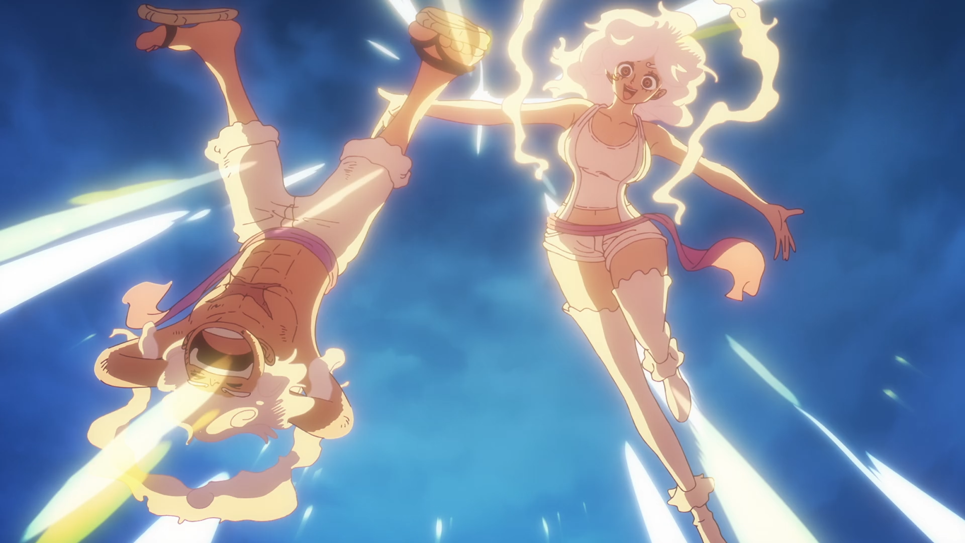 HD anime desktop wallpaper of One Piece: Monkey D. Luffy in Gear 5 and Jewelry Bonney soaring through a bright blue sky with crackling lightning and streaking motion trails.