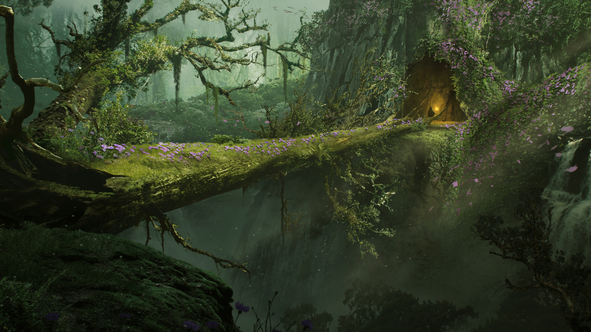 5K Ultra HD PC desktop wallpaper of a green fantasy adventure video game scene from Ashes of Creation: a moss-covered bridge spanning a foggy chasm toward a cave-lit root entrance.