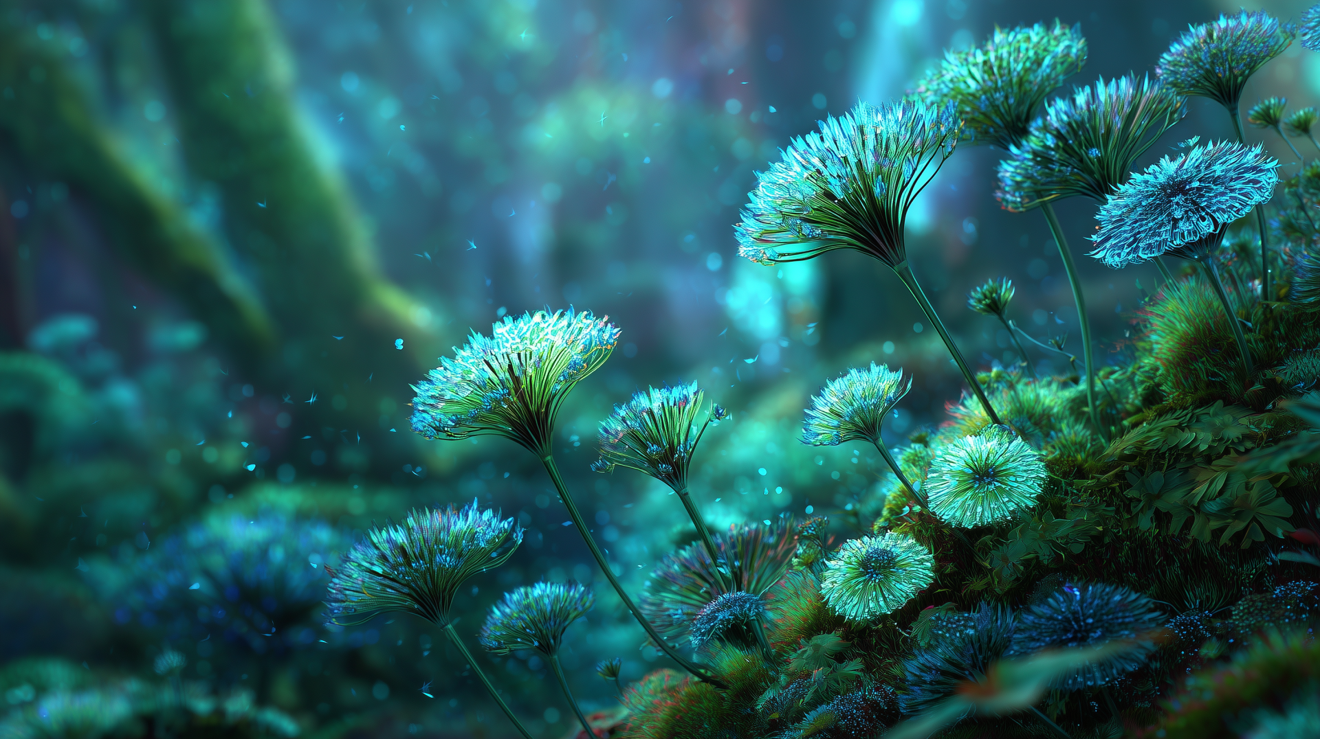 2K Quad HD PC desktop wallpaper: magical bioluminescent forest with glowing plants, turquoise lights, and delicate luminous ferns and moss forming an otherworldly background.