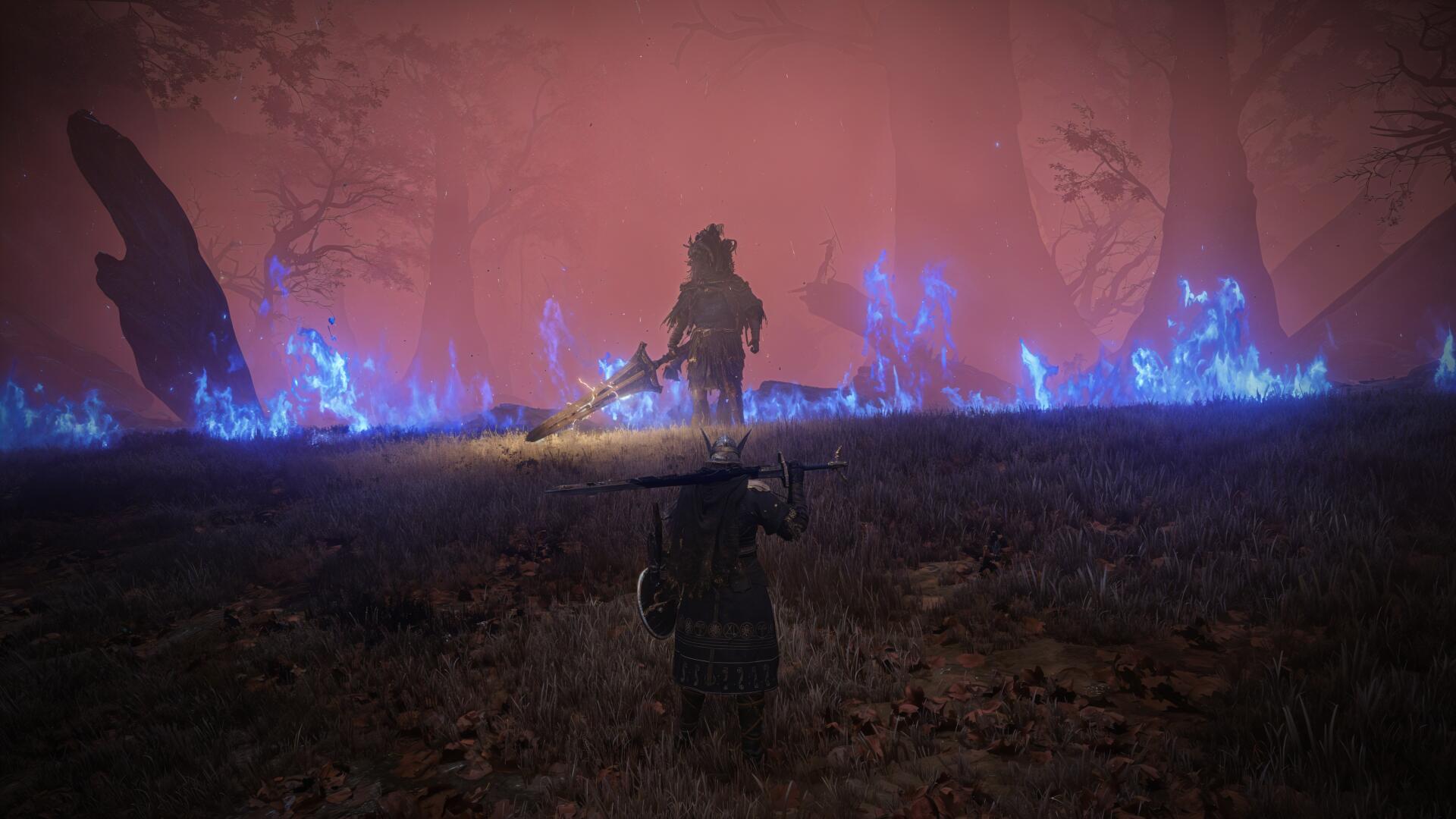 4K Ultra HD Elden Ring Nightreign wallpaper: lone warrior approaches the Nameless King across a scorched, blood-red battlefield lit by eerie blue ghost flames.