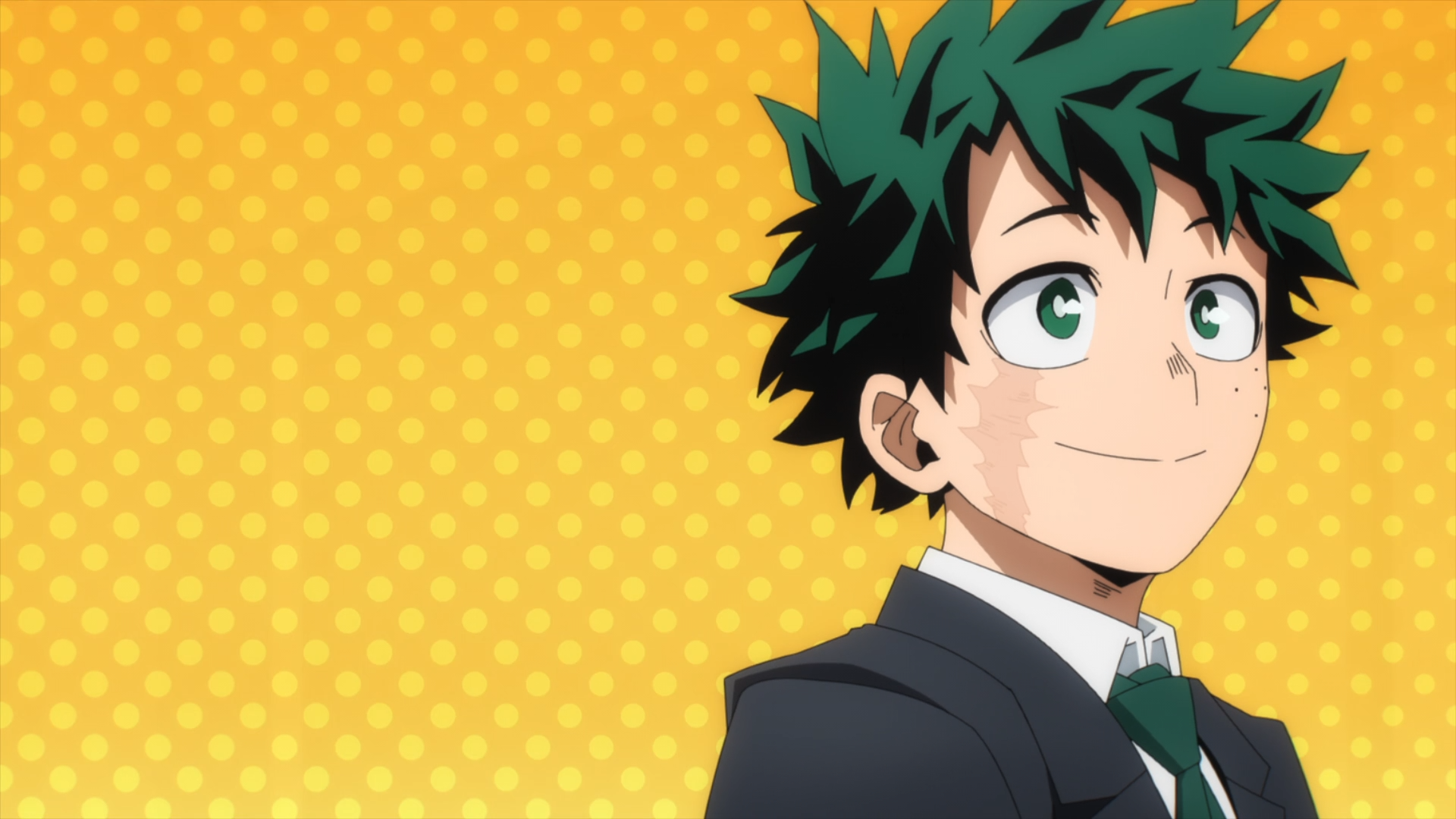 Anime HD PC desktop wallpaper: Izuku Midoriya (My Hero Academia) in his school uniform, smiling against a bright yellow polka-dot background.