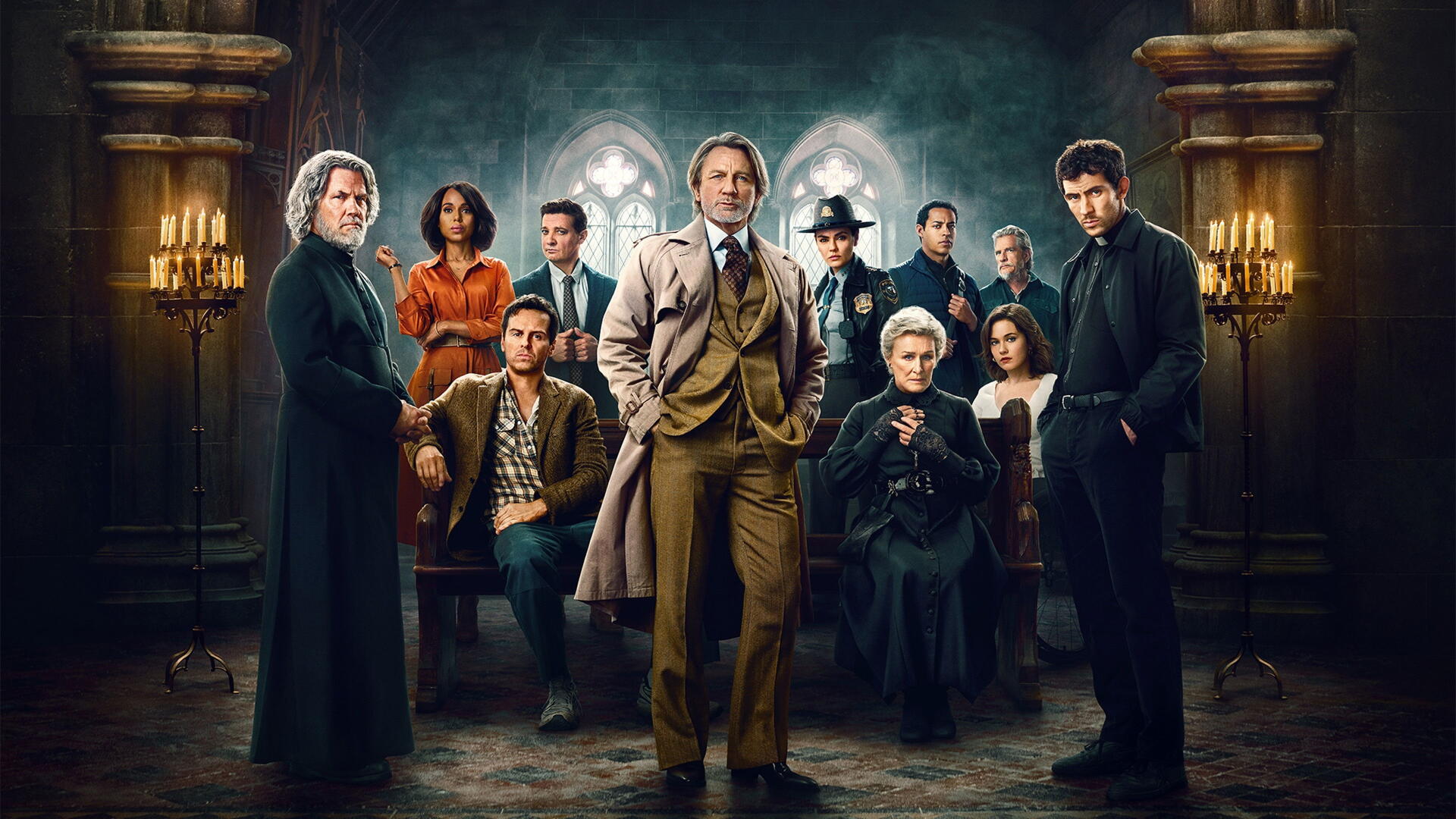 4K Ultra HD PC desktop wallpaper and background for Wake Up Dead Man: A Knives Out Mystery — moody mansion interior with an ensemble of suspects and detectives posed.