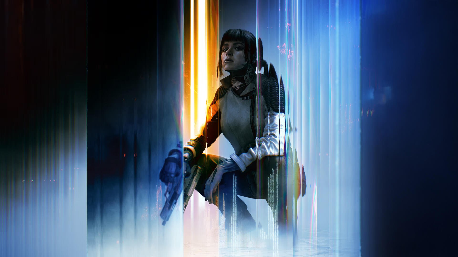 Call of Duty: Black Ops 7 4K Ultra HD PC wallpaper: kneeling futuristic soldier in helmet holding a rifle, framed by vertical blue and orange light beams and digital glitch effects.