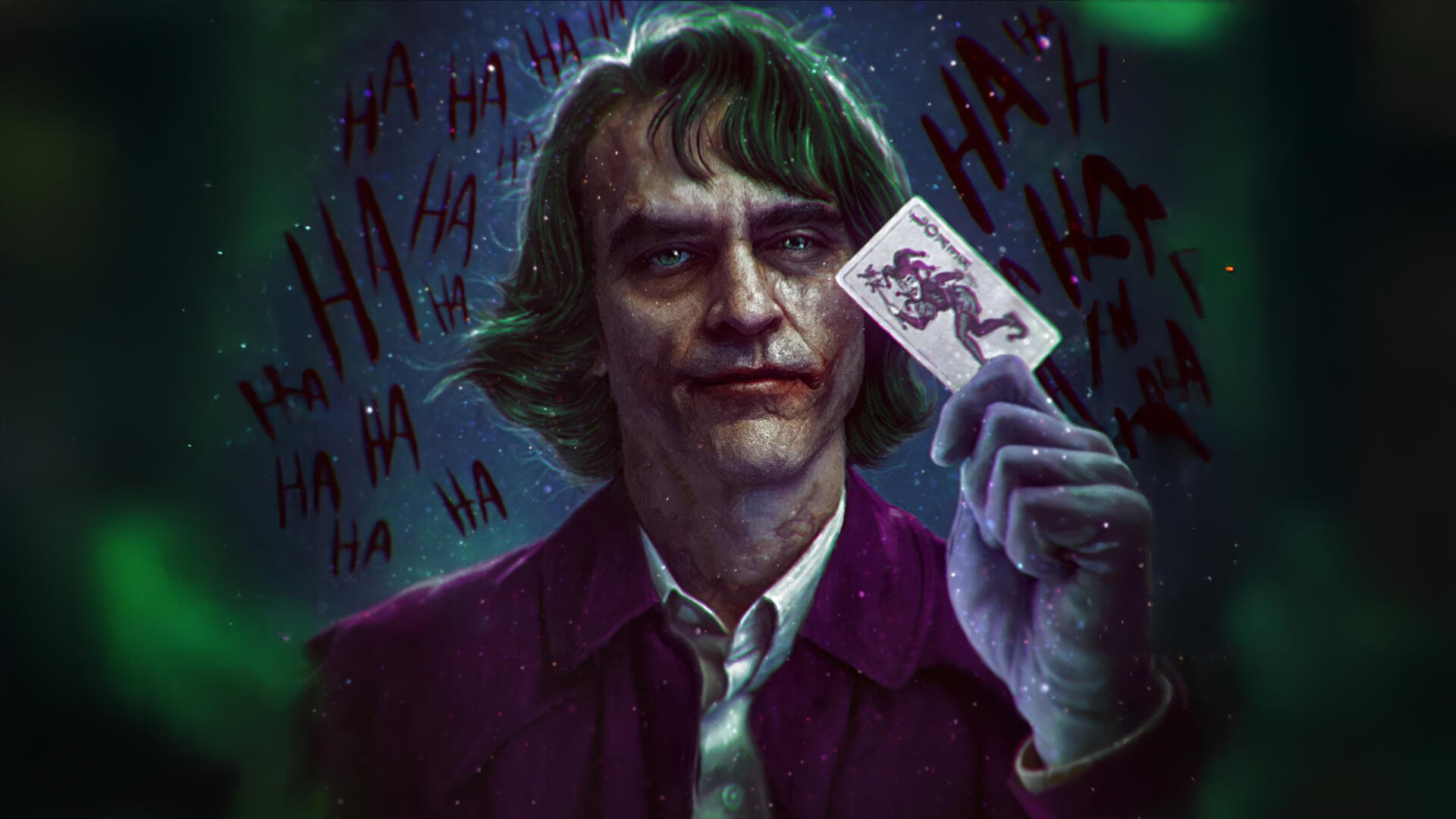 Joker with smeared clown makeup and purple suit holds a Joker card before red HA HA scrawl — moody 5K Ultra HD PC desktop wallpaper and background.