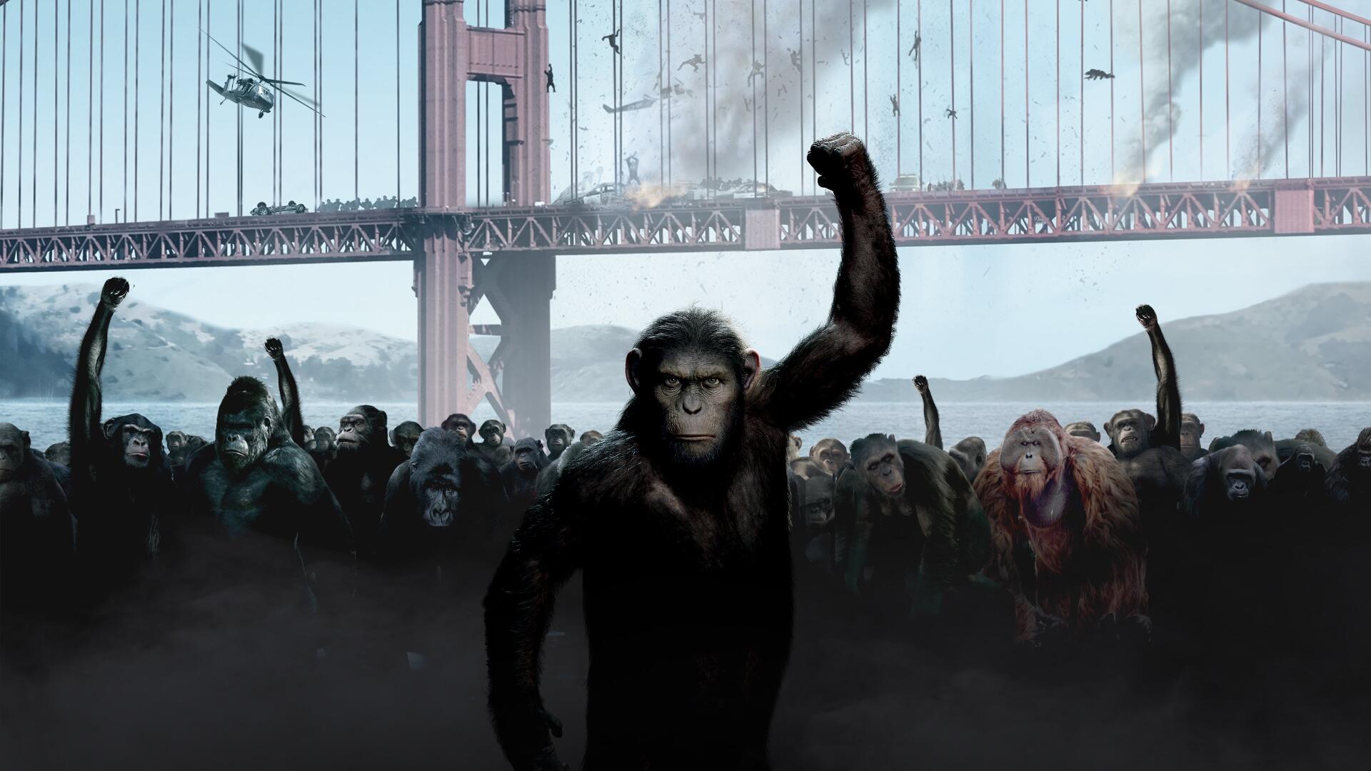 Rise of the Planet of the Apes 4K Ultra HD PC desktop wallpaper: an ape raises a fist, leading a marching army of apes in front of the Golden Gate Bridge amid helicopters and smoke.