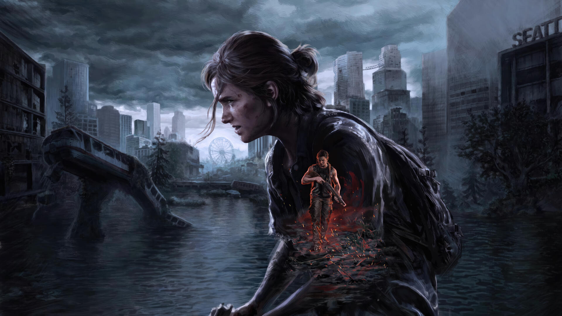 5K Ultra HD PC desktop wallpaper: Ellie from The Last of Us Part II crouches by floodwaters in a ruined city, her red-lit reflection glowing in the water.