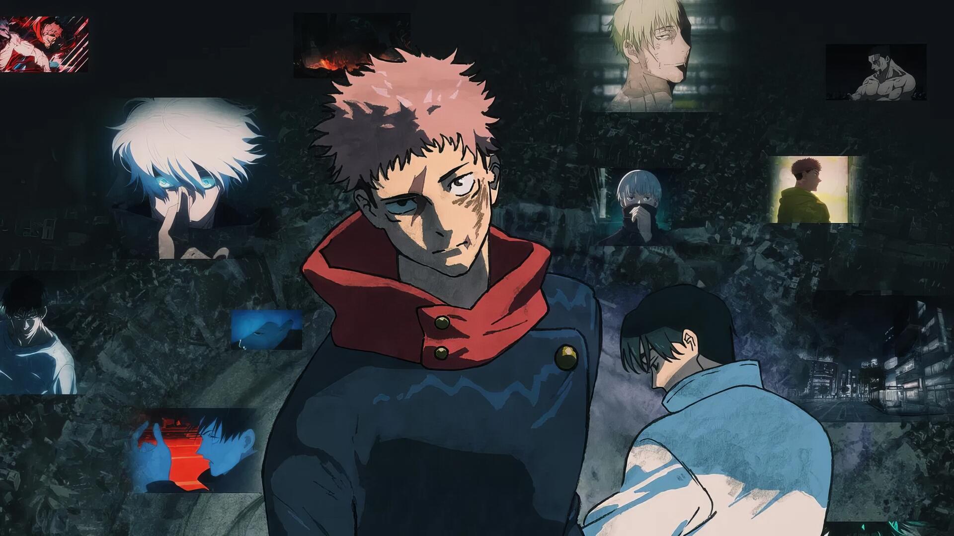 HD PC desktop wallpaper of Yuji Itadori from Jujutsu Kaisen: Execution — scarred Yuji in a red hooded jacket, surrounded by dim, fragmented portraits of other sorcerers.