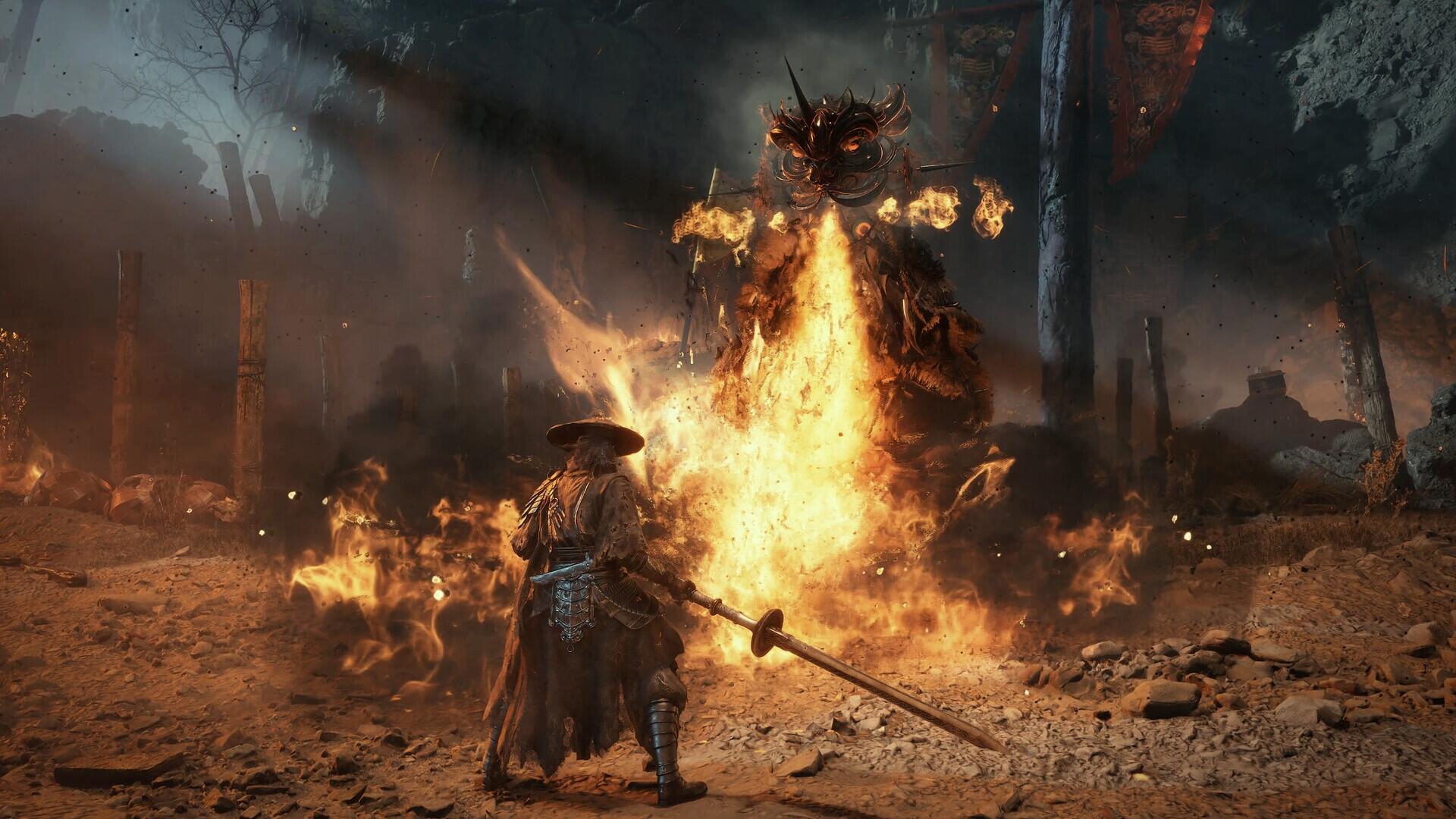 HD PC desktop wallpaper/background from the video game Phantom Blade Zero: a lone warrior in a straw hat with a polearm faces a towering flaming demon amid a scorched battlefield.