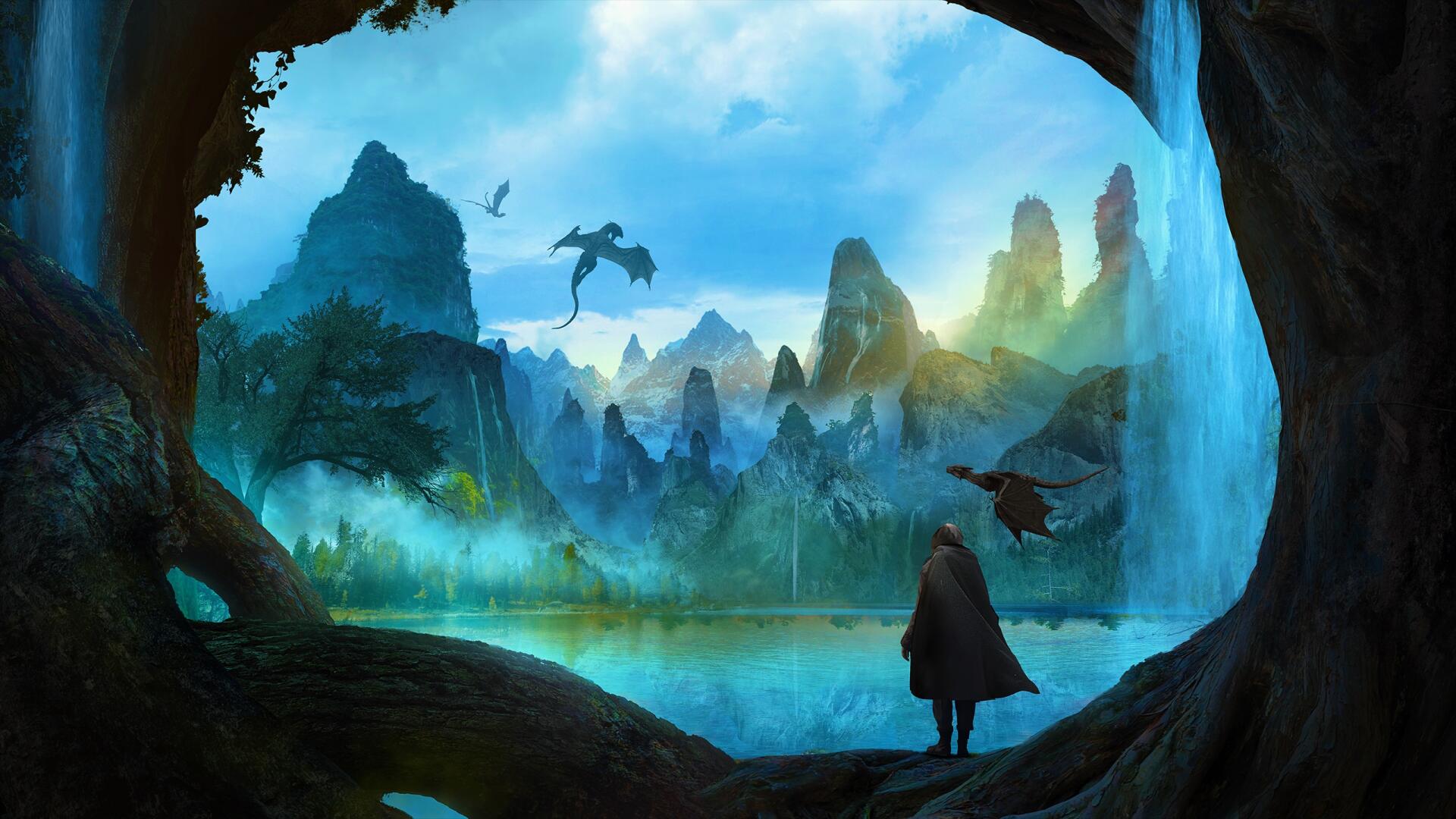 Artistic fantasy landscape 2K Quad HD PC desktop wallpaper and background: cloaked man watches dragons over a misty lake framed by towering cliffs and a cascading waterfall.