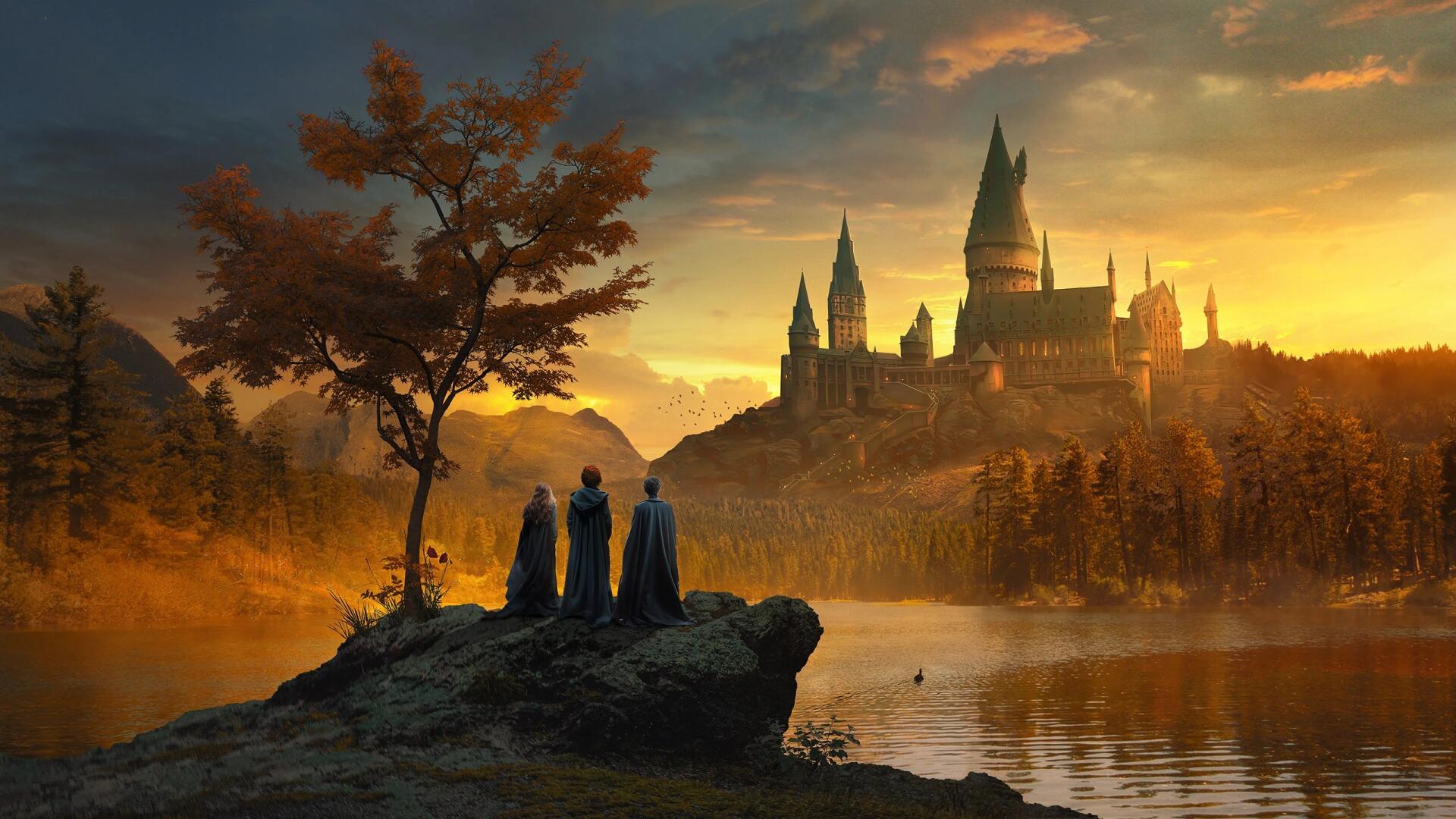 Hogwarts Castle at sunset above a misty lake, three cloaked figures on a rocky shore; a fantasy Harry Potter landscape rendered as a 2K Quad HD PC desktop wallpaper.