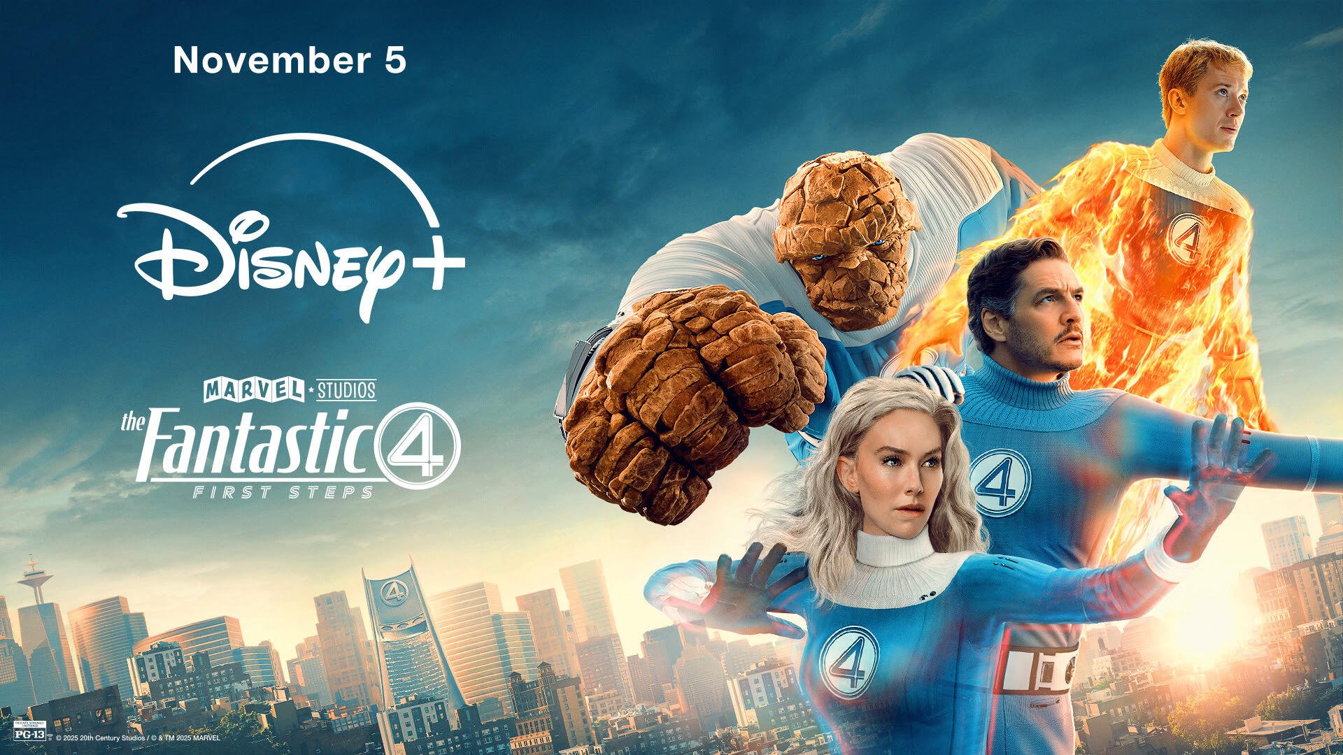 HD PC desktop wallpaper/background: The Fantastic Four: First Steps movie poster — Invisible Woman, Mister Fantastic, Human Torch and The Thing pose over a city skyline with the Disney+ logo.