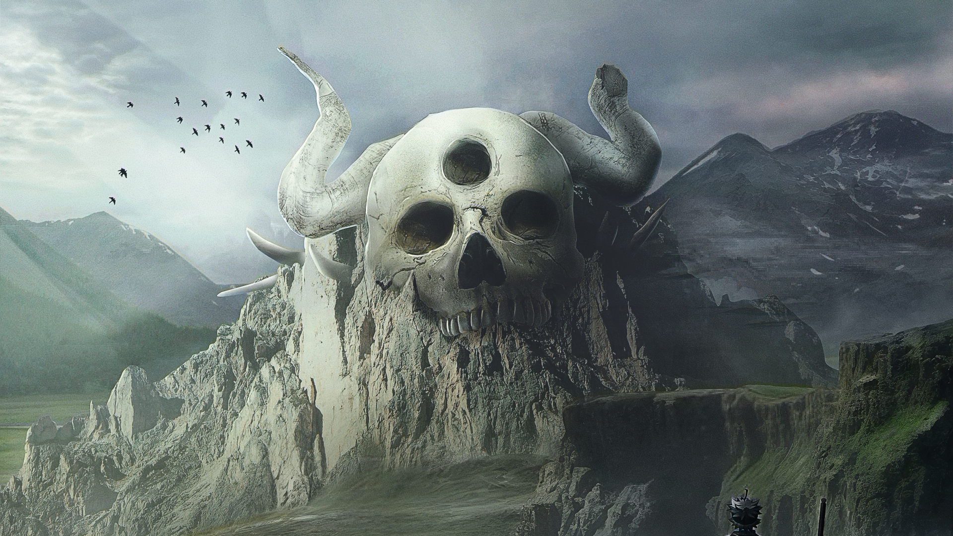 Black Clover 2K Quad HD PC desktop wallpaper/background: colossal horned skull carved into a fog-shrouded mountain, birds in the sky and a lone figure on a cliff.