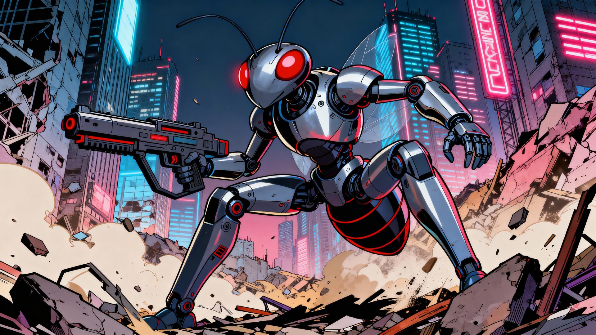 4K Ultra HD PC desktop wallpaper and background: cyberpunk robotic ant with glowing red eyes and heavy blaster crouches amid neon skyscrapers and rubble.