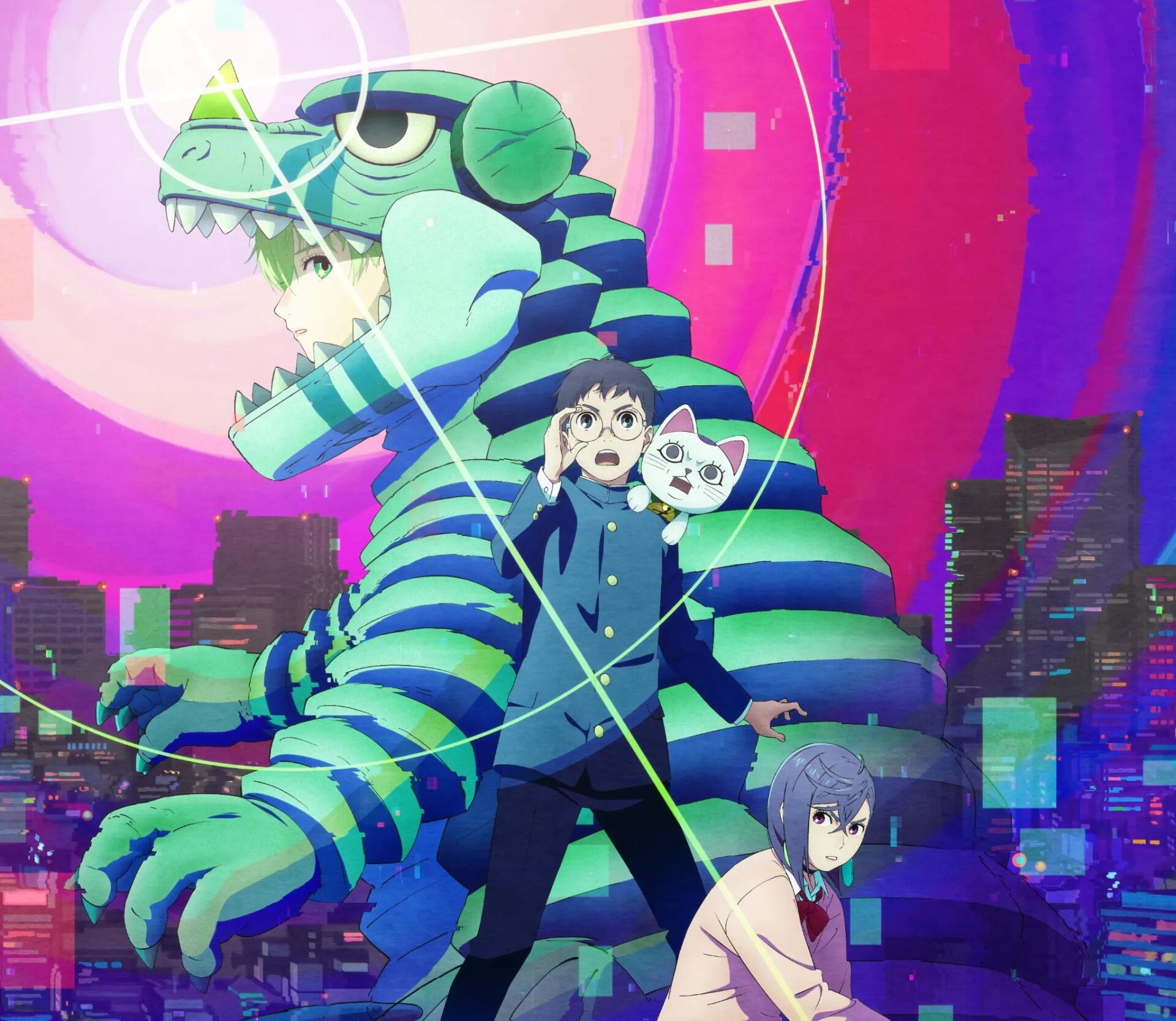 HD anime desktop wallpaper from Dandadan: Jin Enjouji, Momo Ayase and Ken Takakura posing with a glowing striped dinosaur over a neon city skyline.