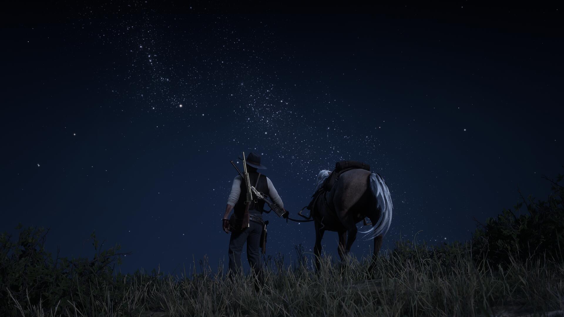 Video game 2K Quad HD PC desktop wallpaper/background from Red Dead Redemption 2: a cowboy walks with his horse across grassy plains beneath a star-filled night sky.