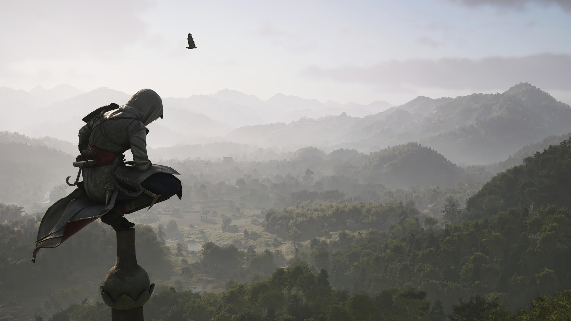 Video game Assassin's Creed Mirage 4K Ultra HD PC desktop background: hooded assassin perched atop a minaret, overlooking a misty cityscape at dawn with a bird in flight.