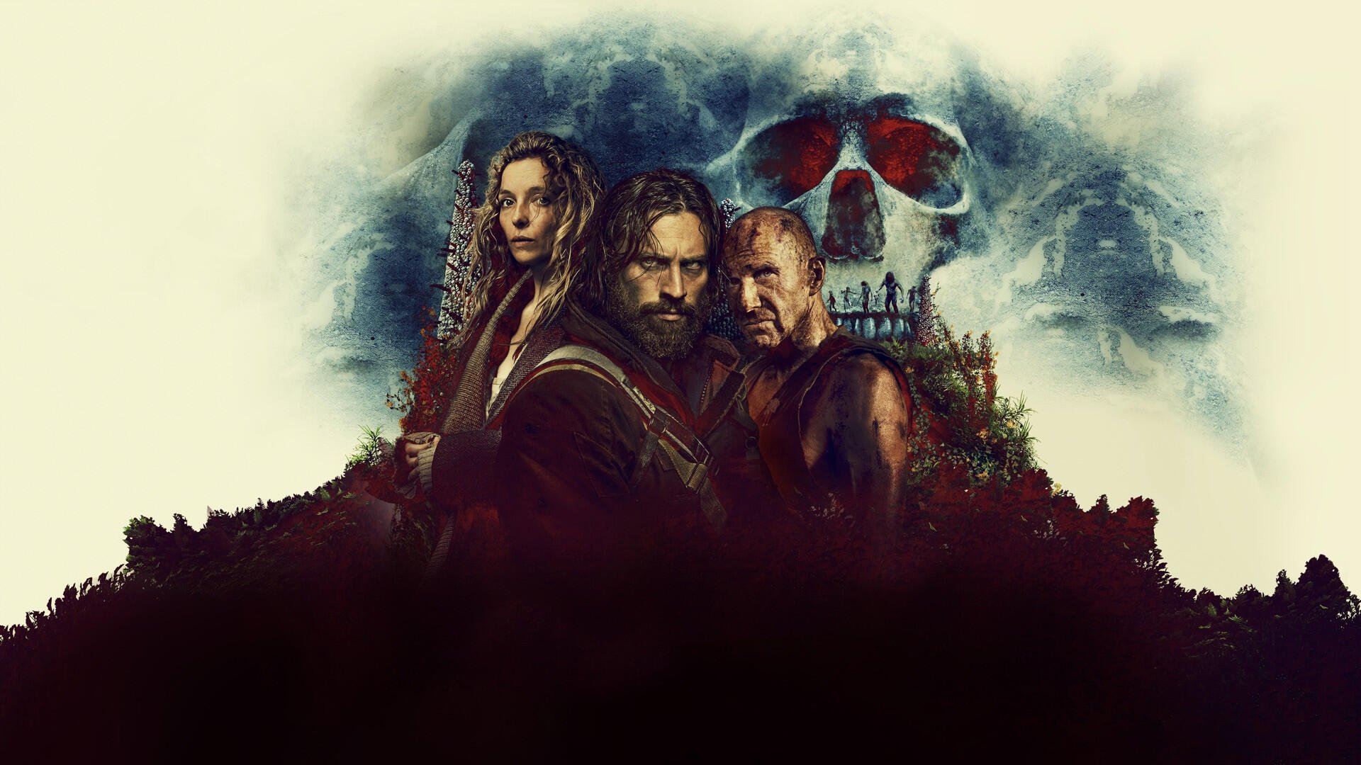 28 Years Later — HD PC desktop wallpaper: three grim figures in the foreground beneath a skull-shaped cloud and ruined city silhouette, moody blue and sepia tones.