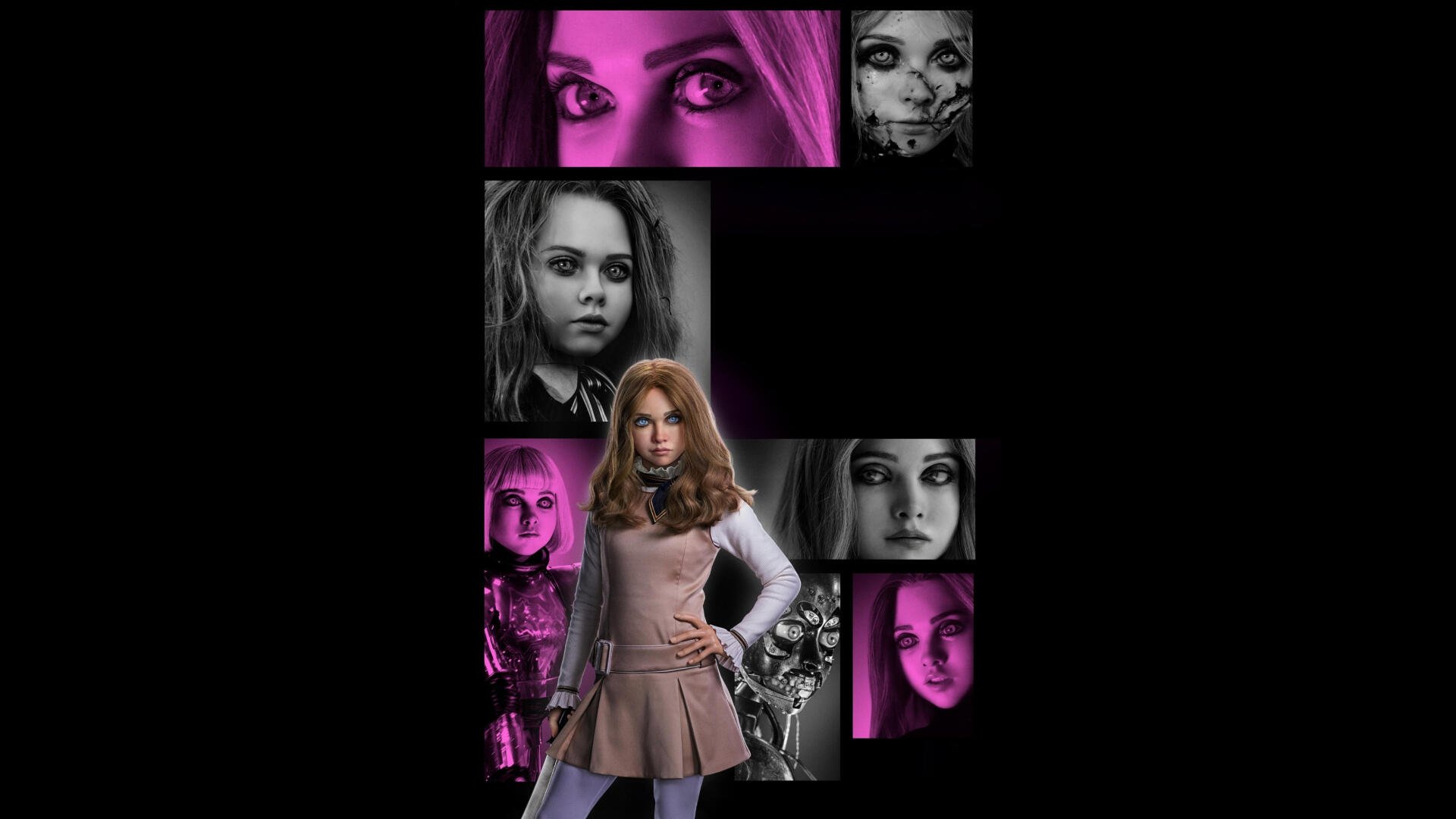 M3GAN 2.0 collage in purple and black tones: central doll figure with multiple facial close-ups; 4K Ultra HD PC Desktop Wallpaper and Background.
