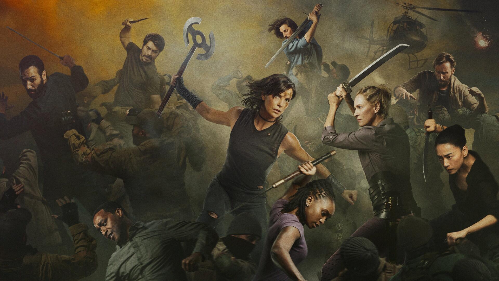 The Old Guard 2 4K Ultra HD PC desktop wallpaper/background, a smoky battlefield where immortal warriors clash, swords and weapons raised, a central female leader in motion.