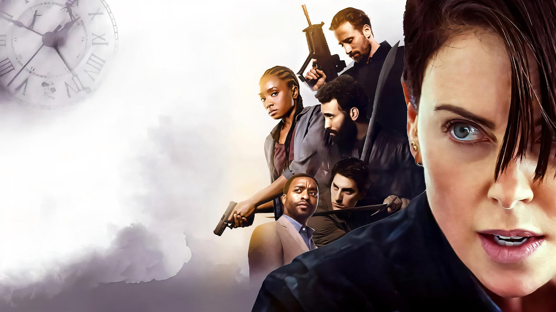 The Old Guard 2K Quad HD PC desktop wallpaper: close-up of a determined woman and a squad of armed fighters against a misty clock motif background.