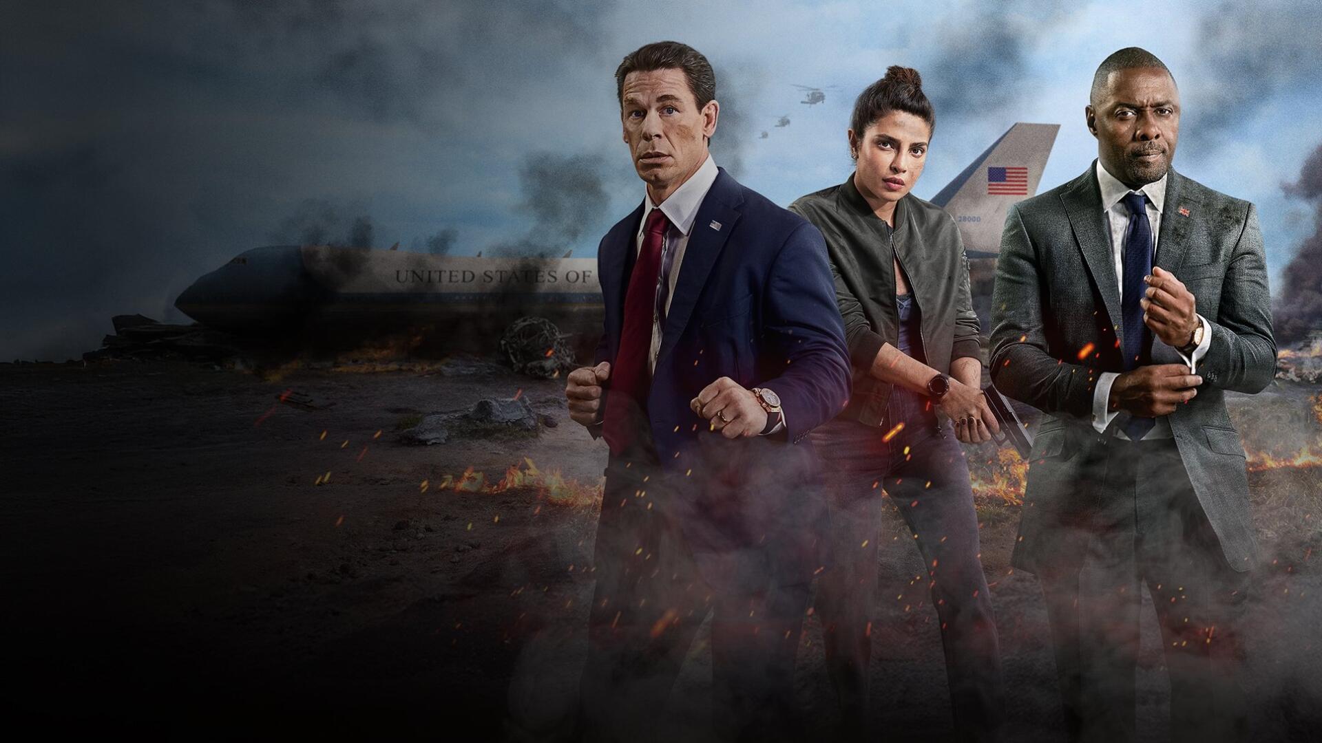 HD PC desktop wallpaper and background — Heads of State: three stern officials in suits and tactical gear stand amid smoke and wreckage with a damaged presidential aircraft behind them.