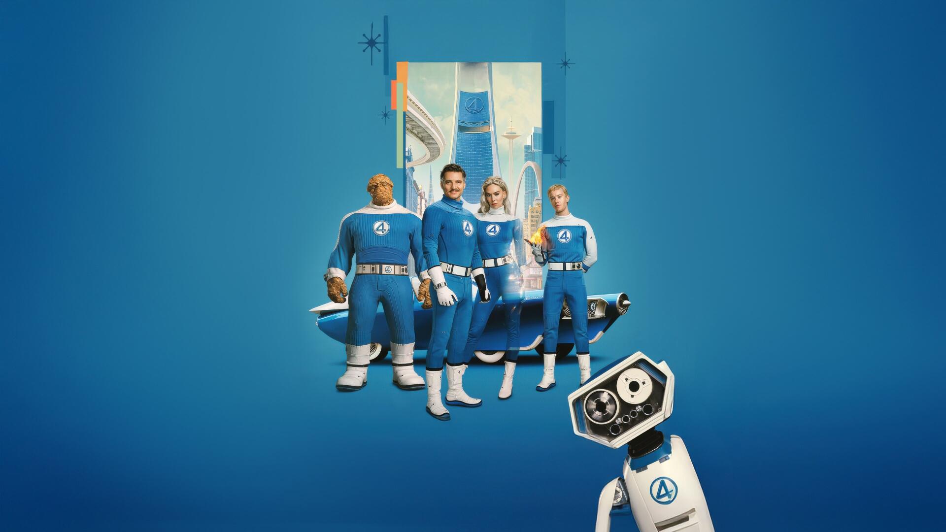 4K Ultra HD PC desktop wallpaper The Fantastic Four: First Steps — four blue‑suited Fantastic Four members and a small robot standing against a minimalist cyan backdrop.