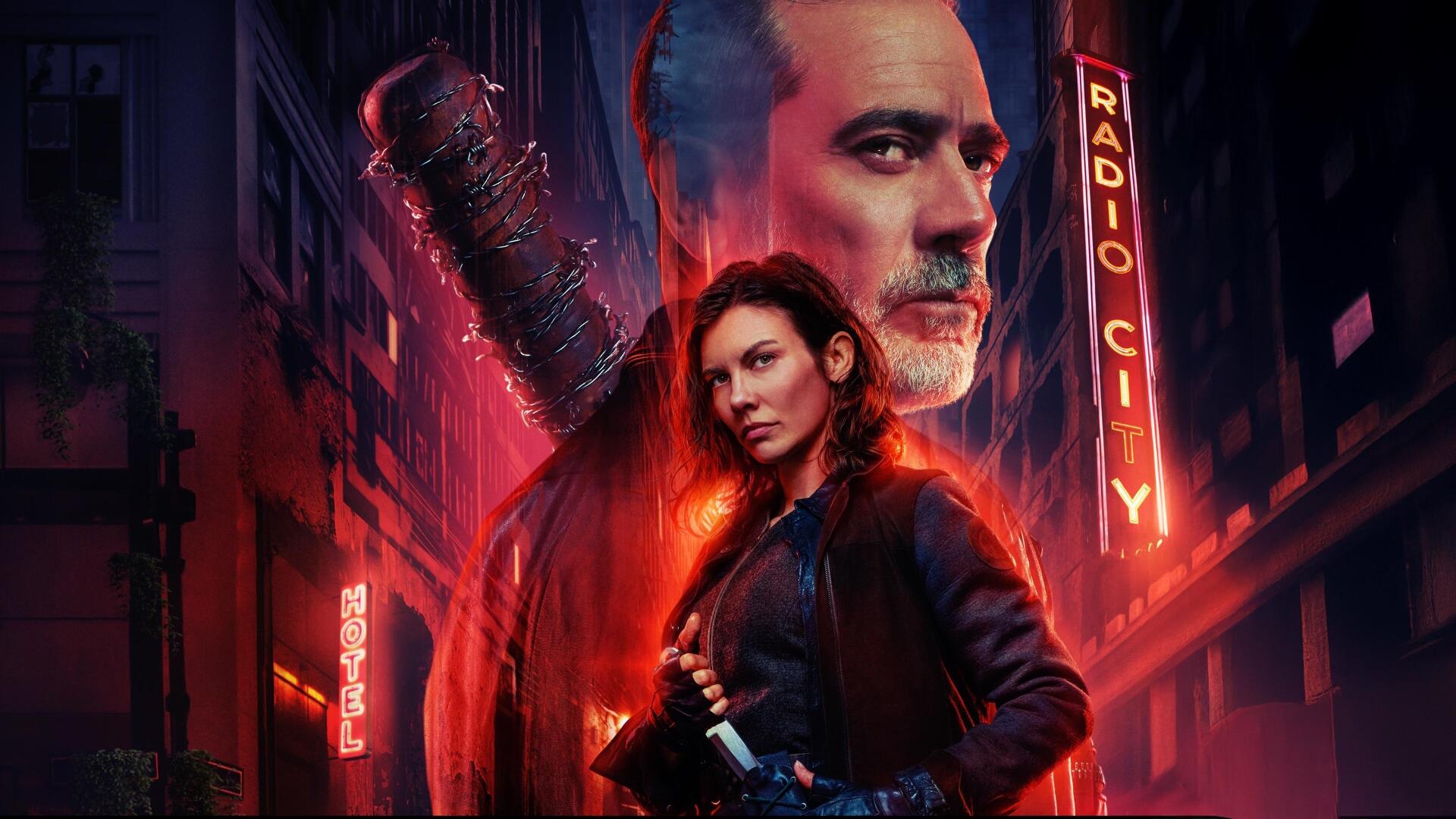 The Walking Dead: Dead City — 4K Ultra HD PC desktop wallpaper/background showing two survivors (woman with binoculars, man with barbed-wire bat) in a neon-lit Radio City street.