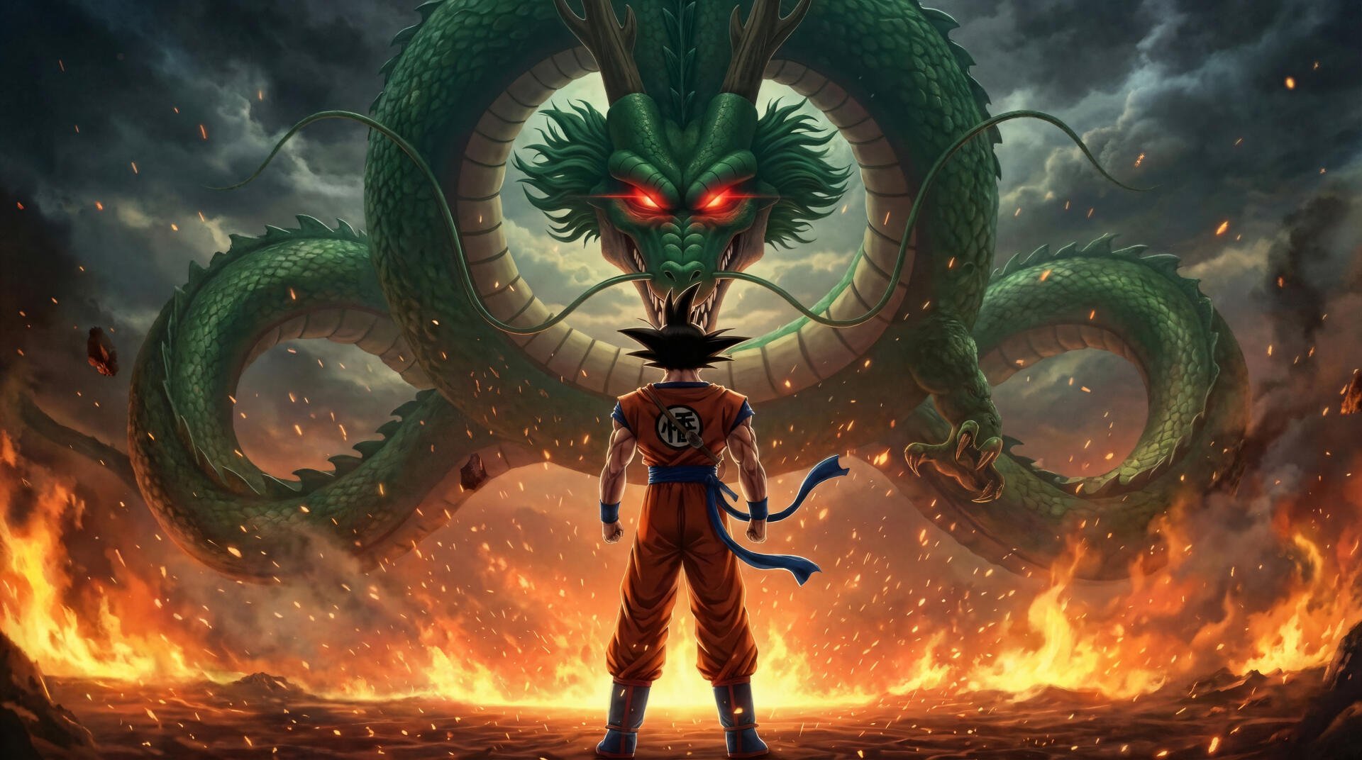 Dragon Ball Z 5K Ultra HD PC desktop wallpaper: Goku stands before the towering, red‑eyed Shenron as flames and embers churn beneath a stormy, lightning-filled sky.