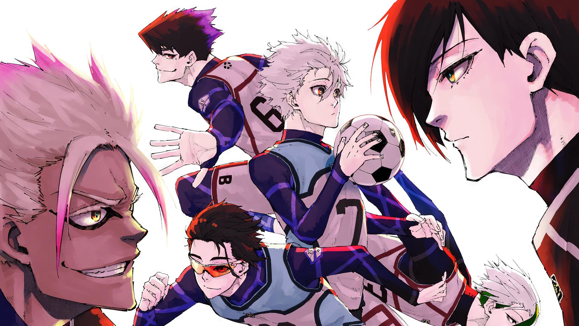 Blue Lock anime characters in dynamic soccer poses, intense expressions and bold colors — 4K Ultra HD PC desktop wallpaper/background.