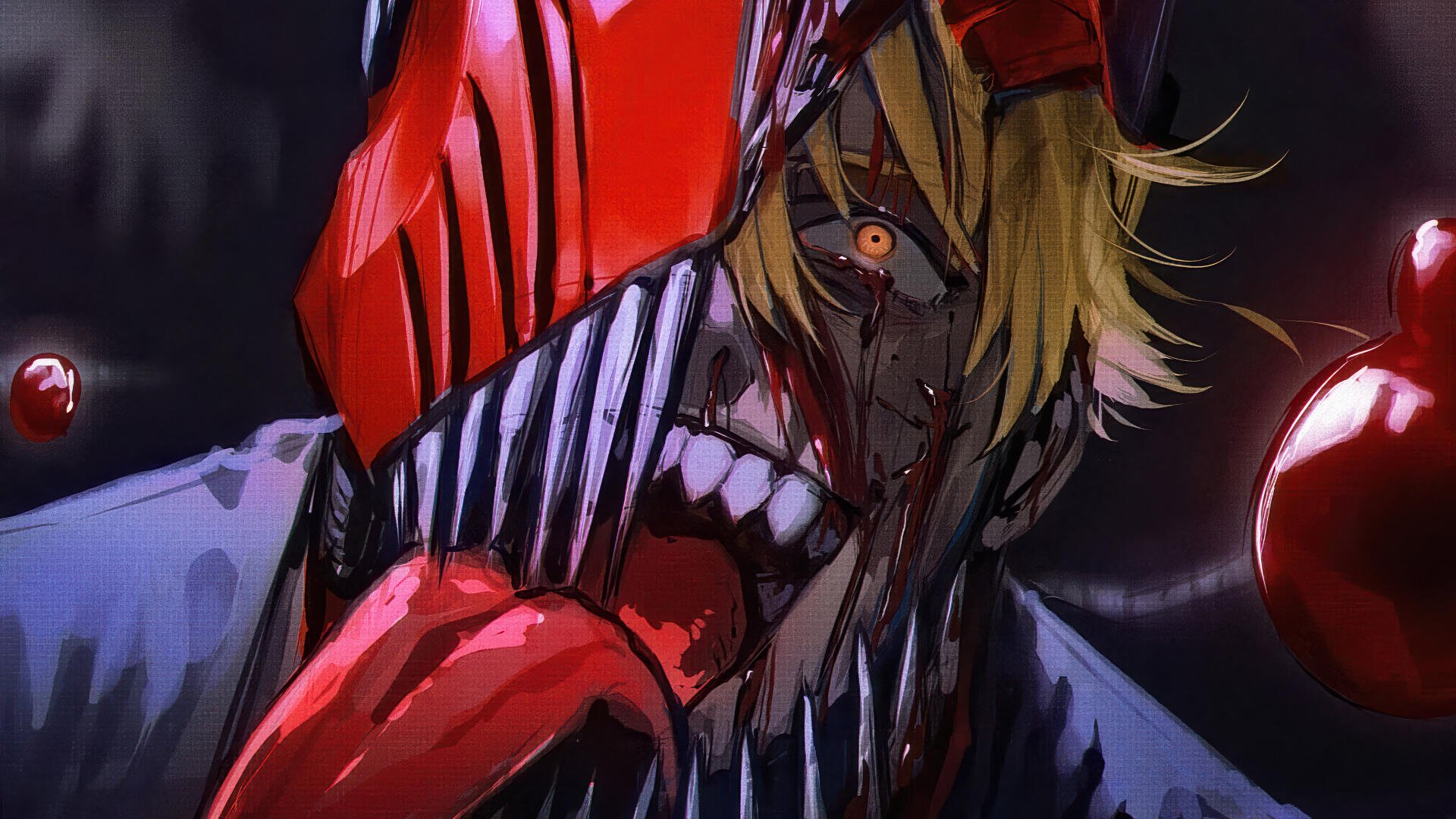 Chainsaw Man close-up: blood-splattered mechanical jaw, glowing eye and red helmet — dark, intense 4K Ultra HD PC desktop wallpaper background.