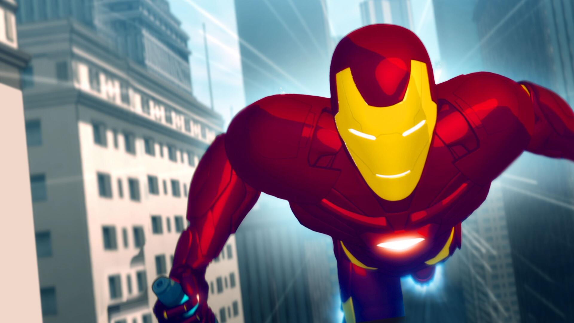 Iron Man: Armored Adventures — animated Iron Man flying over skyscrapers with glowing arc reactor; 4K Ultra HD PC desktop wallpaper/background.