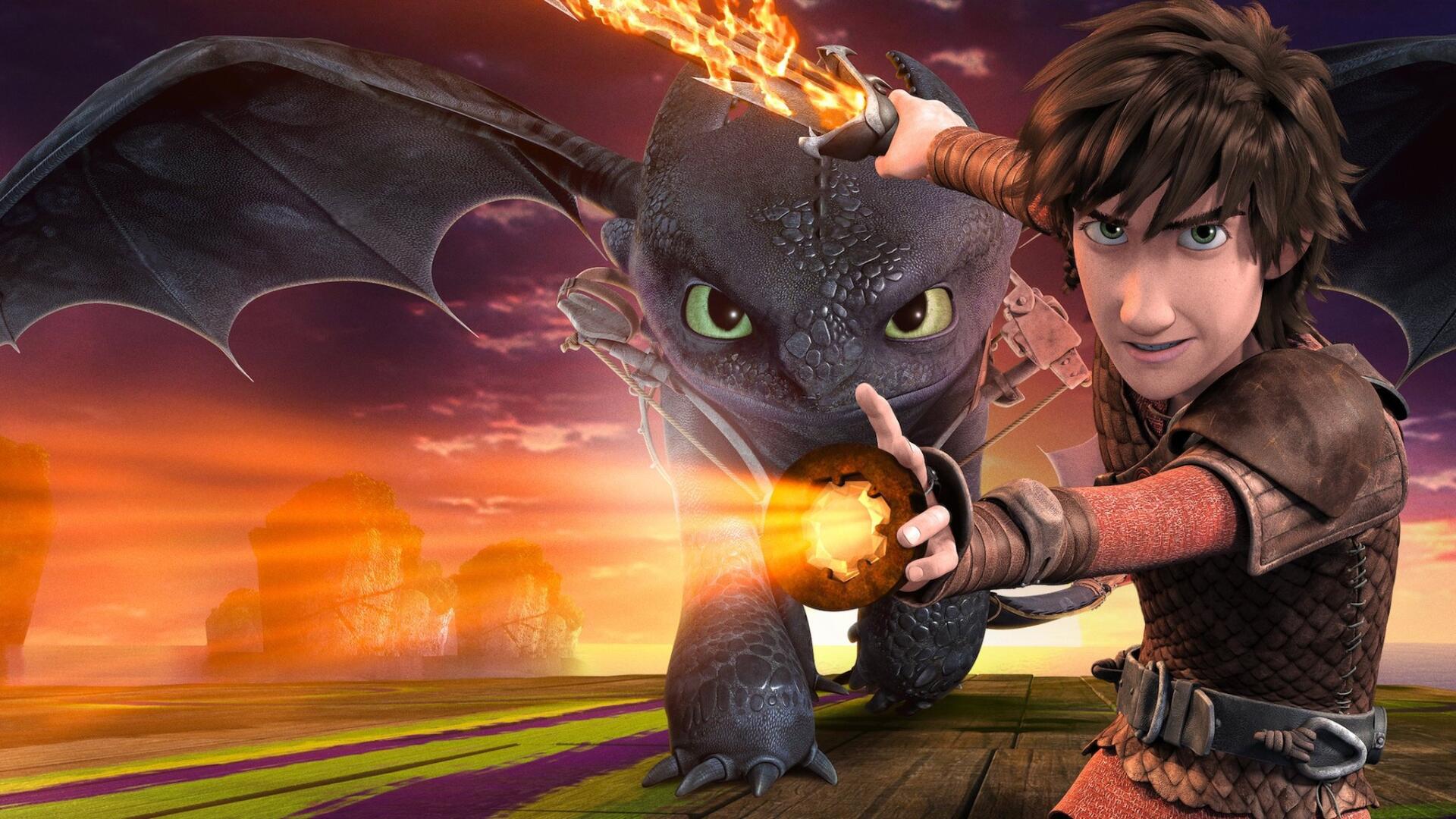 HD PC desktop wallpaper of Hiccup and Toothless from Dragons: Race to the Edge — Toothless unleashing a fiery blast as they charge across a fiery sunset sky.