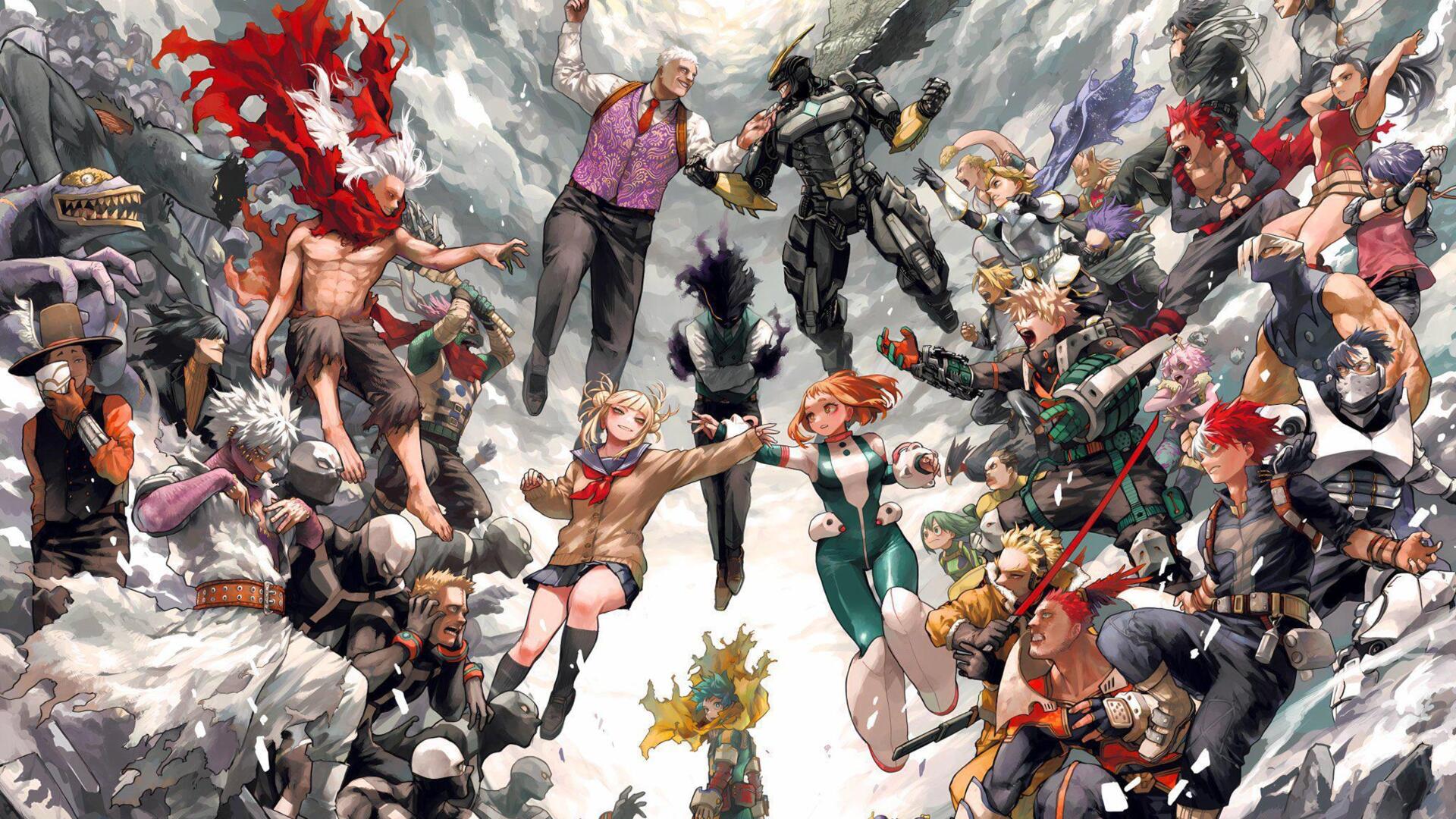 4K Ultra HD PC desktop wallpaper showing My Hero Academia heroes and students in a dramatic group scene among clouds, vibrant colors and dynamic, action-packed poses.