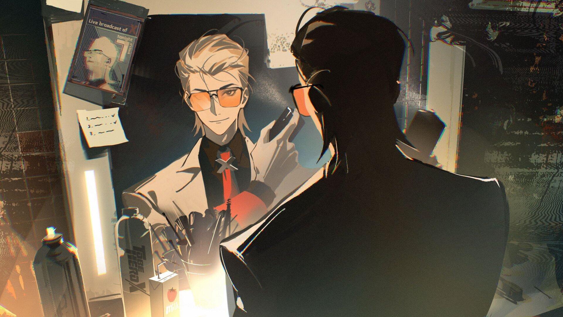 To Be Hero X HD PC desktop wallpaper: stylized man in glasses and suit adjusts his tie before a mirror, moody warm lighting and reflective details.
