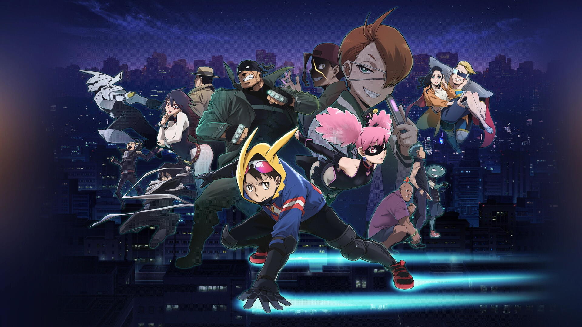 My Hero Academia: Vigilantes 2K Quad HD PC desktop wallpaper/background depicting the Vigilantes cast in action over a neon-lit city skyline at night.