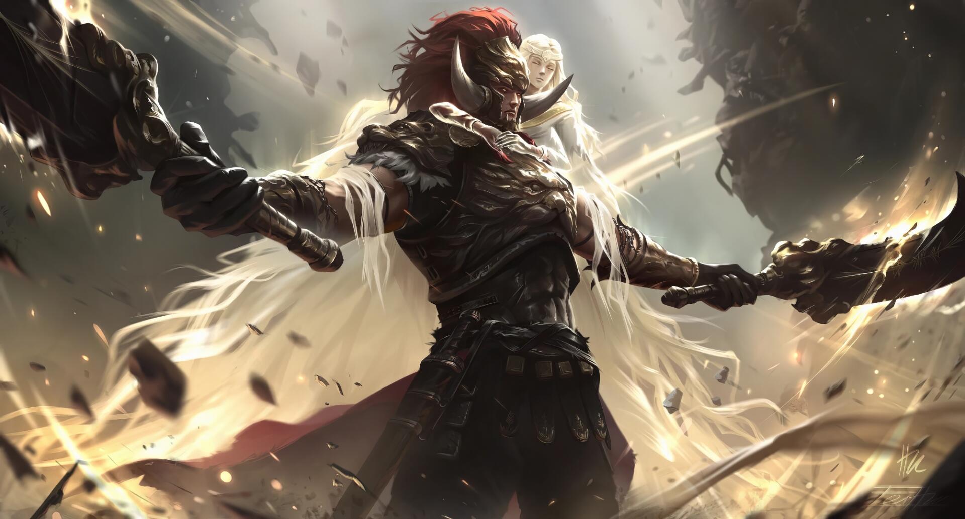 HD PC desktop wallpaper of the video game Elden Ring — Starscourge Radahn amid swirling light and debris, Miquella of the Haligtree's radiance in the Shadow of the Erdtree art.