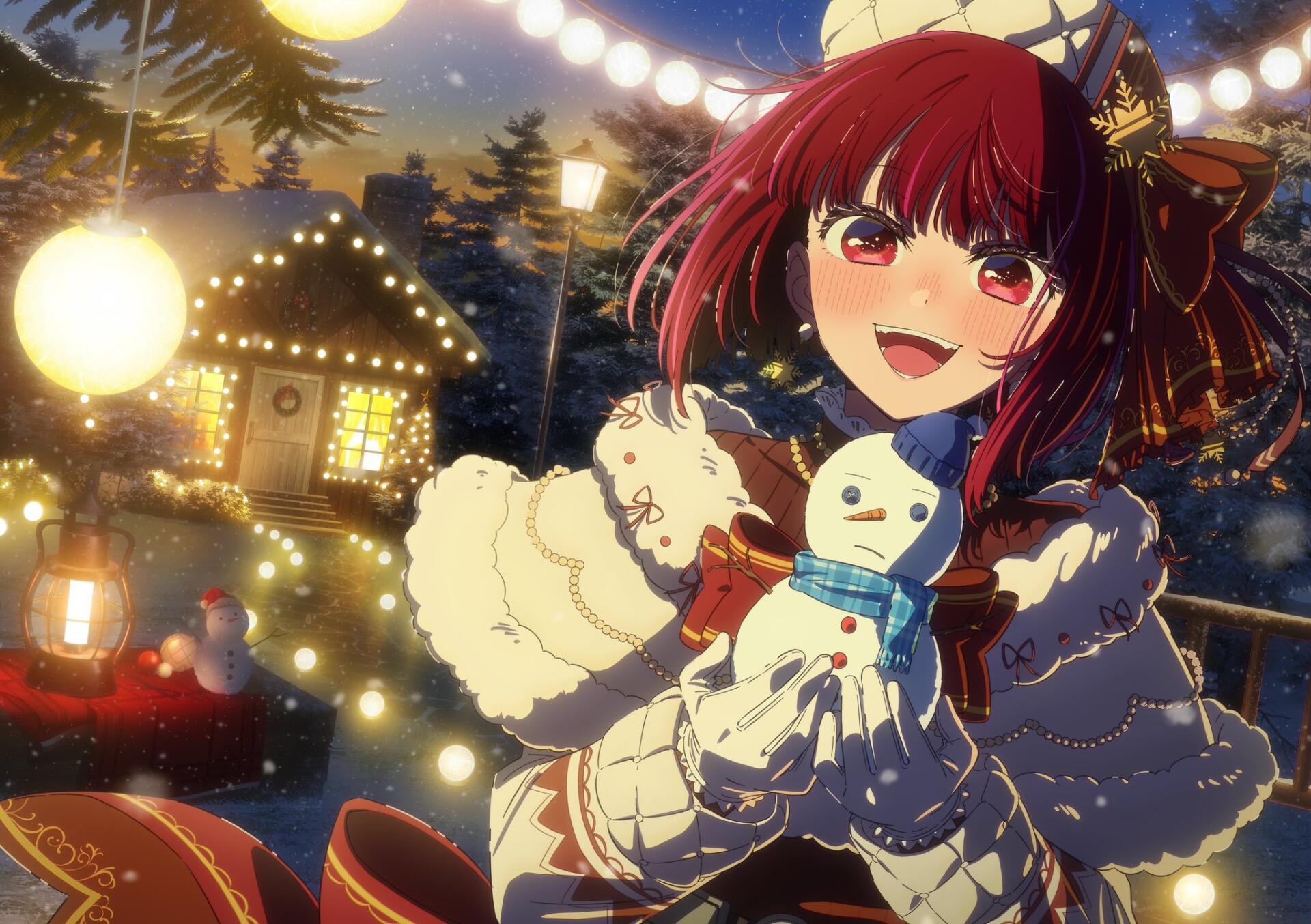 HD PC desktop wallpaper of Kana Arima from Oshi no Ko: anime winter scene — she smiles holding a tiny snowman by glowing lanterns and twinkling lights, festive night background.