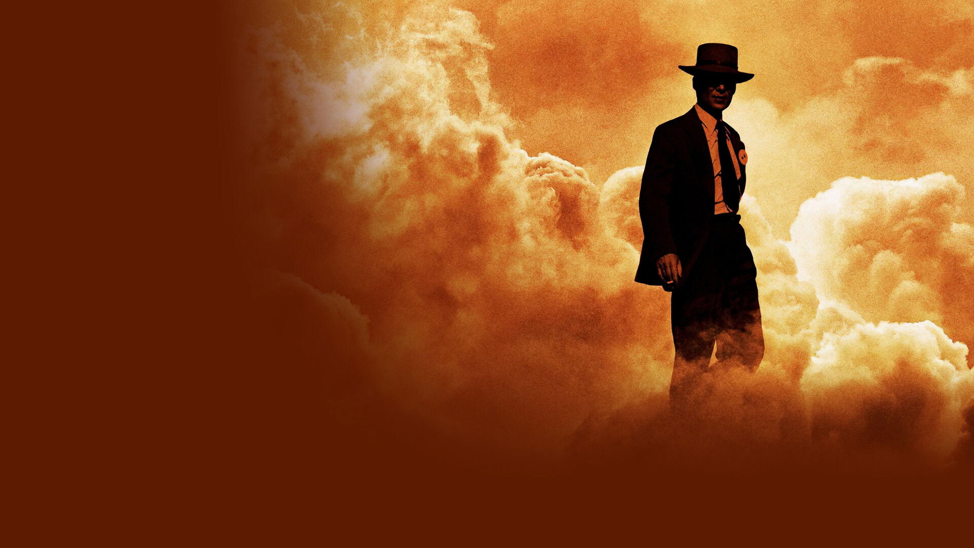 Oppenheimer-themed 4K Ultra HD PC desktop wallpaper: silhouetted man in hat amid an orange mushroom cloud background.