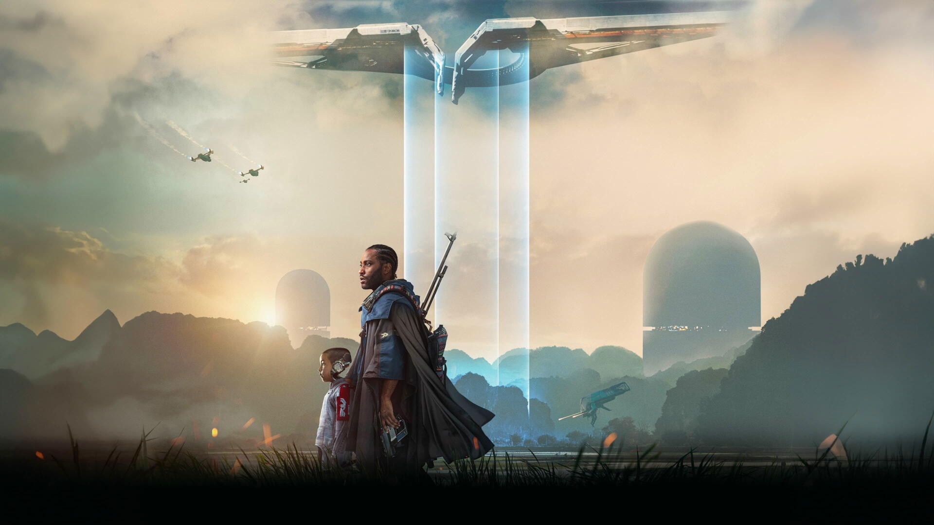 The Creator (2023) 4K Ultra HD PC desktop wallpaper: a man and child stand in grass as a massive ship overhead emits twin blue beams above distant futuristic domes at sunrise.
