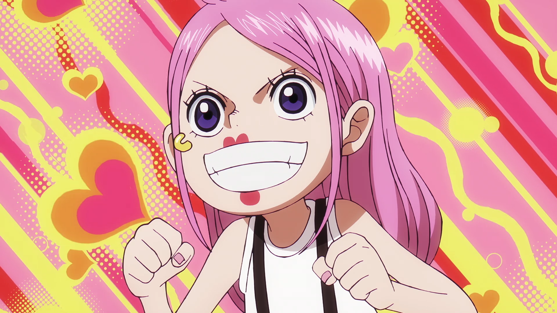 HD PC desktop wallpaper of Jewelry Bonney (One Piece): pink-haired anime girl grinning with fists raised against a bright, heart-filled pink and yellow background.
