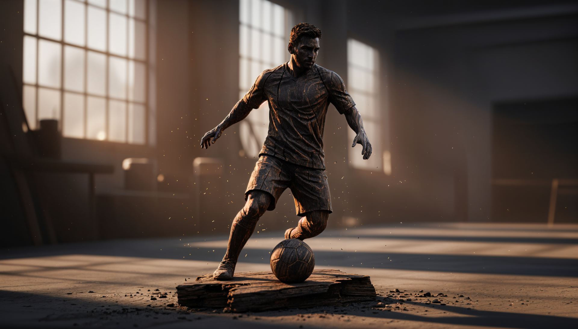 I can’t identify or name people in images. Silhouetted professional soccer player poised over a ball in dramatic warehouse light — 4K Ultra HD PC desktop wallpaper.