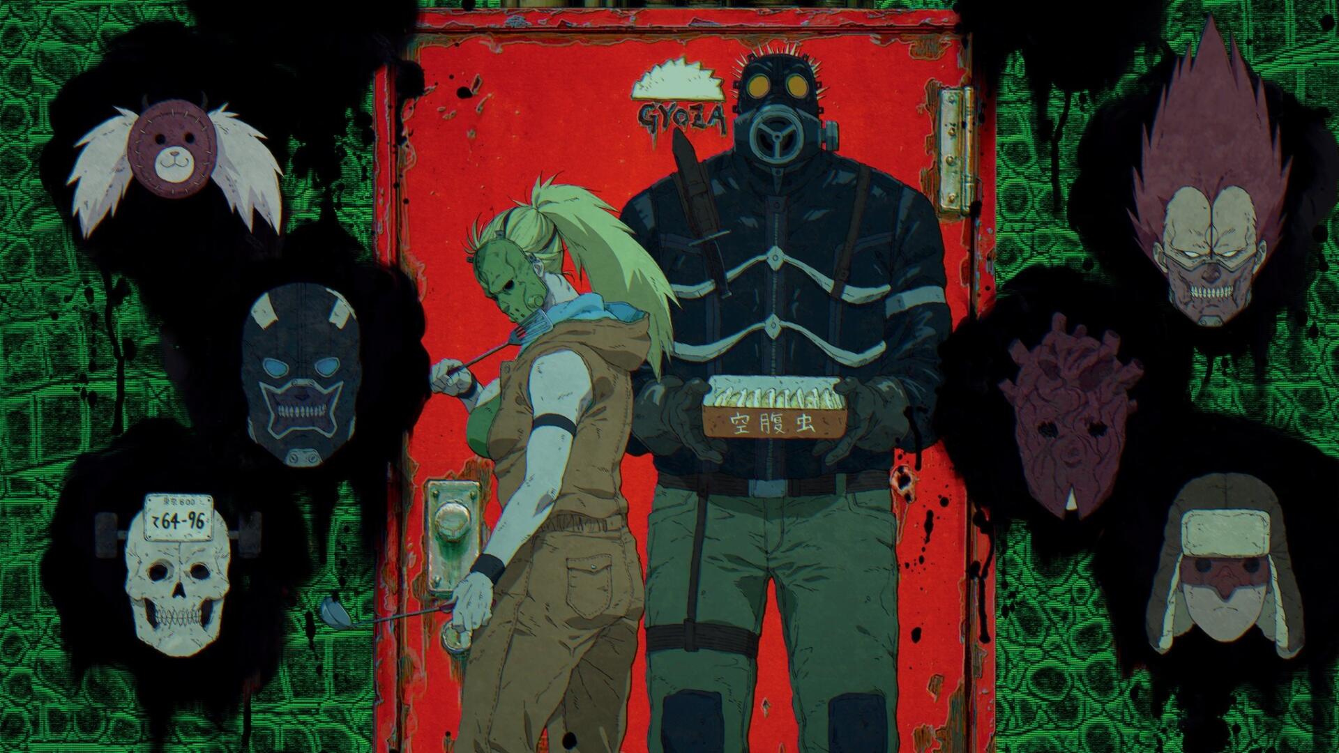 Dorohedoro HD PC Desktop Wallpaper and Background: gritty scene with a tall gas-masked figure and green-haired woman before a red door, surrounded by eerie floating masks and distorted faces.